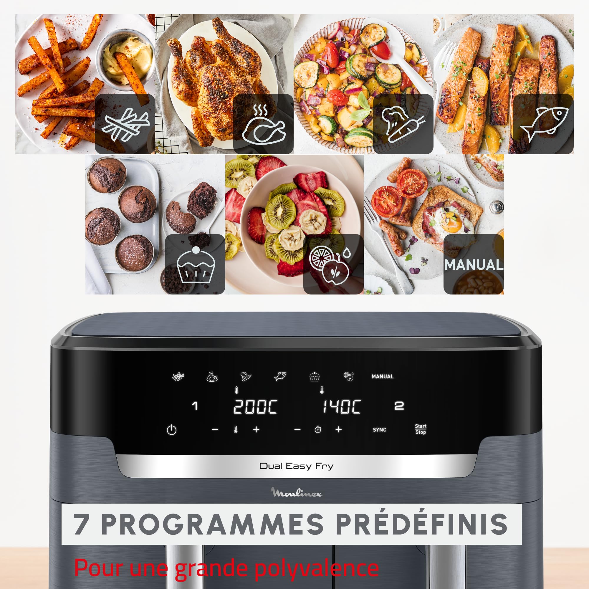Moulinex XXL Dual Easy Fry, frytkownica powietrzna o pojemności 11 litrów, z podwójnym nieprzywierającym koszem, nadaje się do mycia w zmywarce, zmniejszone zużycie energii, 7 trybów i przepisów na
