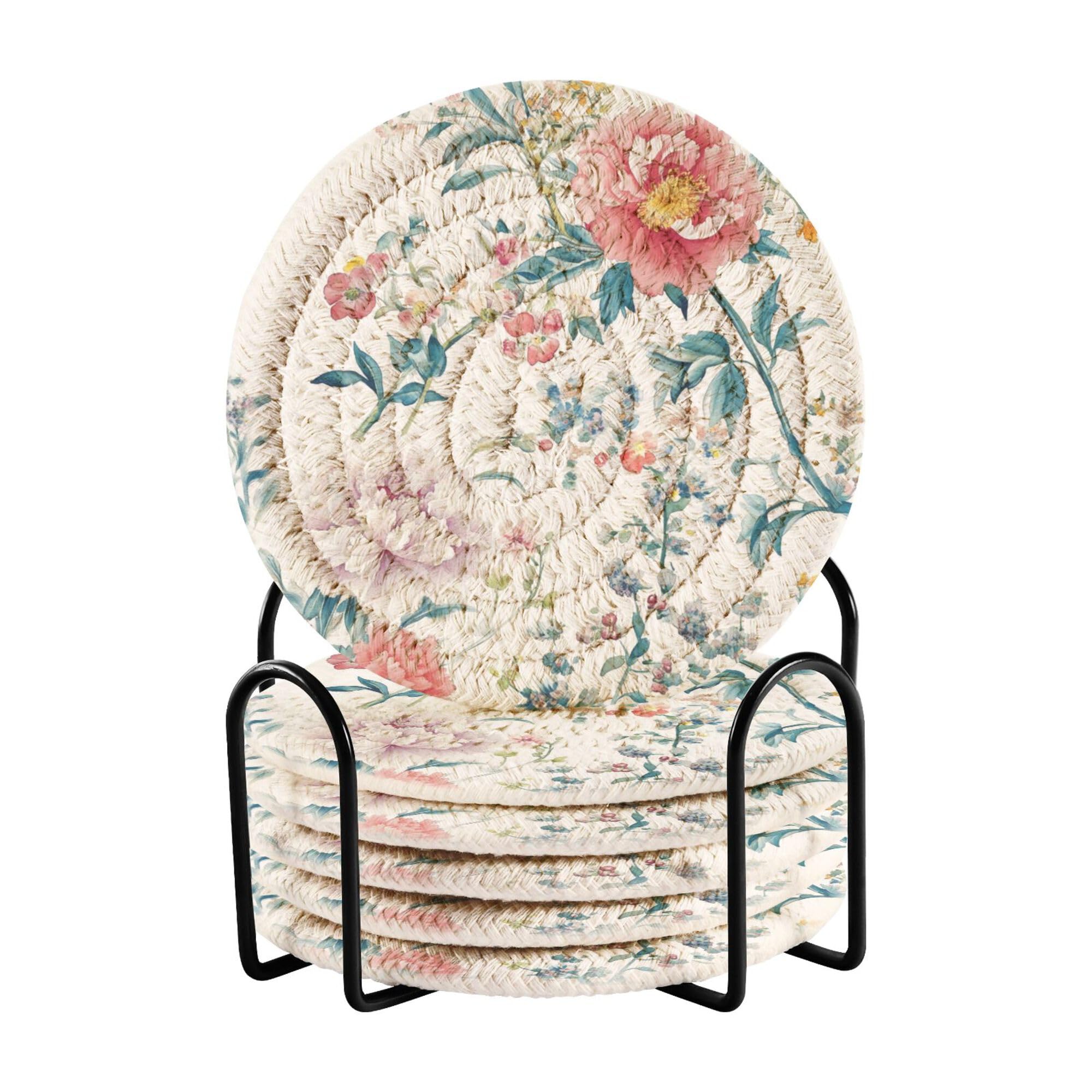 Smazdfxx Women's As Pic Chinese Style Flowers Cotton Rope Cup Coasters Set Of 6 With Holder Aesthetic Coasters