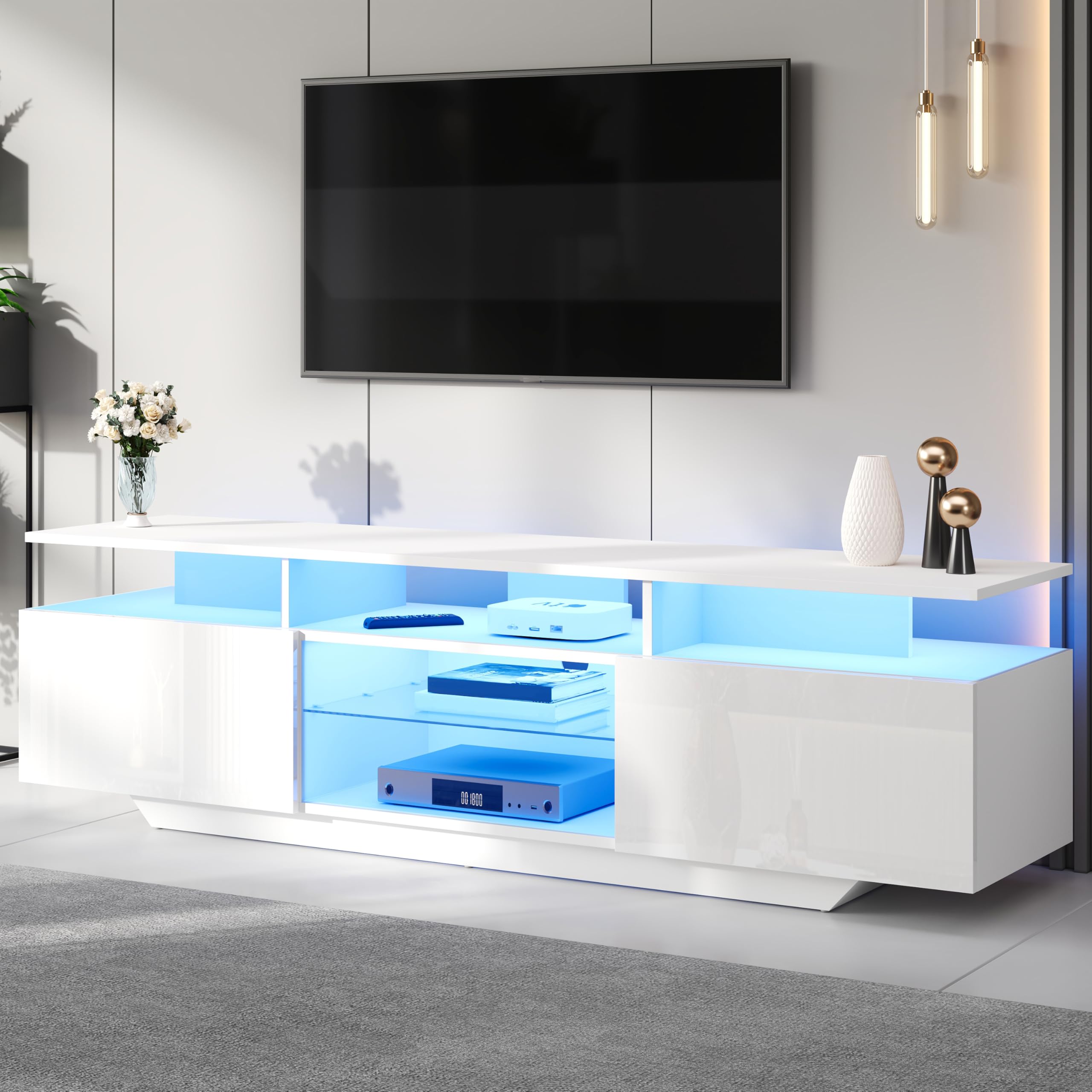 Supporto TV ad alta lucidità con striscia LED mobile TV con porte scomparti aperti pannello basso per TV fino a 70 pollici base tavolo per il mobiles TV per soggiorno bianco