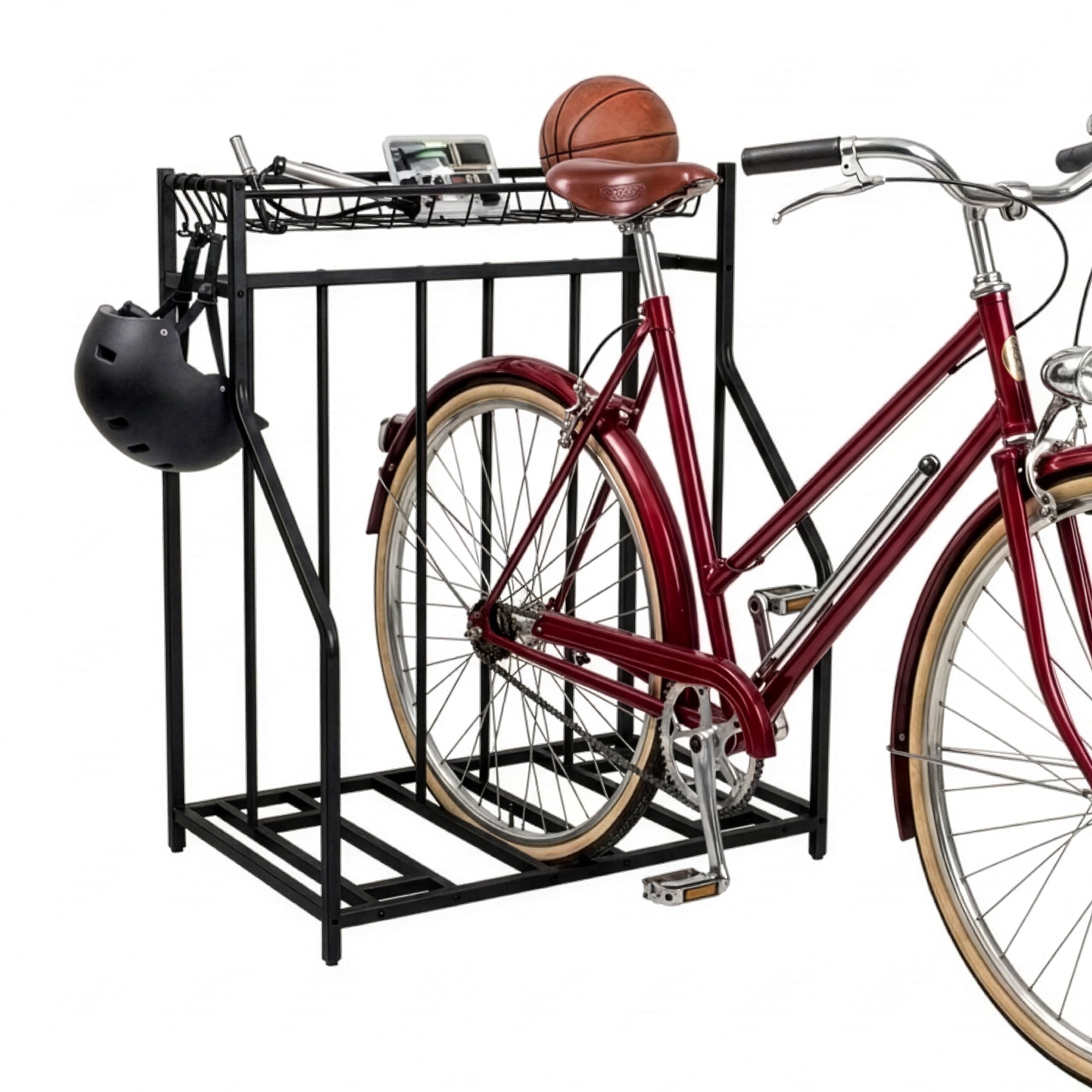 Relaxdays Portabici da Terra per 3 Biciclette, Larghezza Pneumatici Regolabile 3–11 cm, Cesto e 6 Ganci, Nero