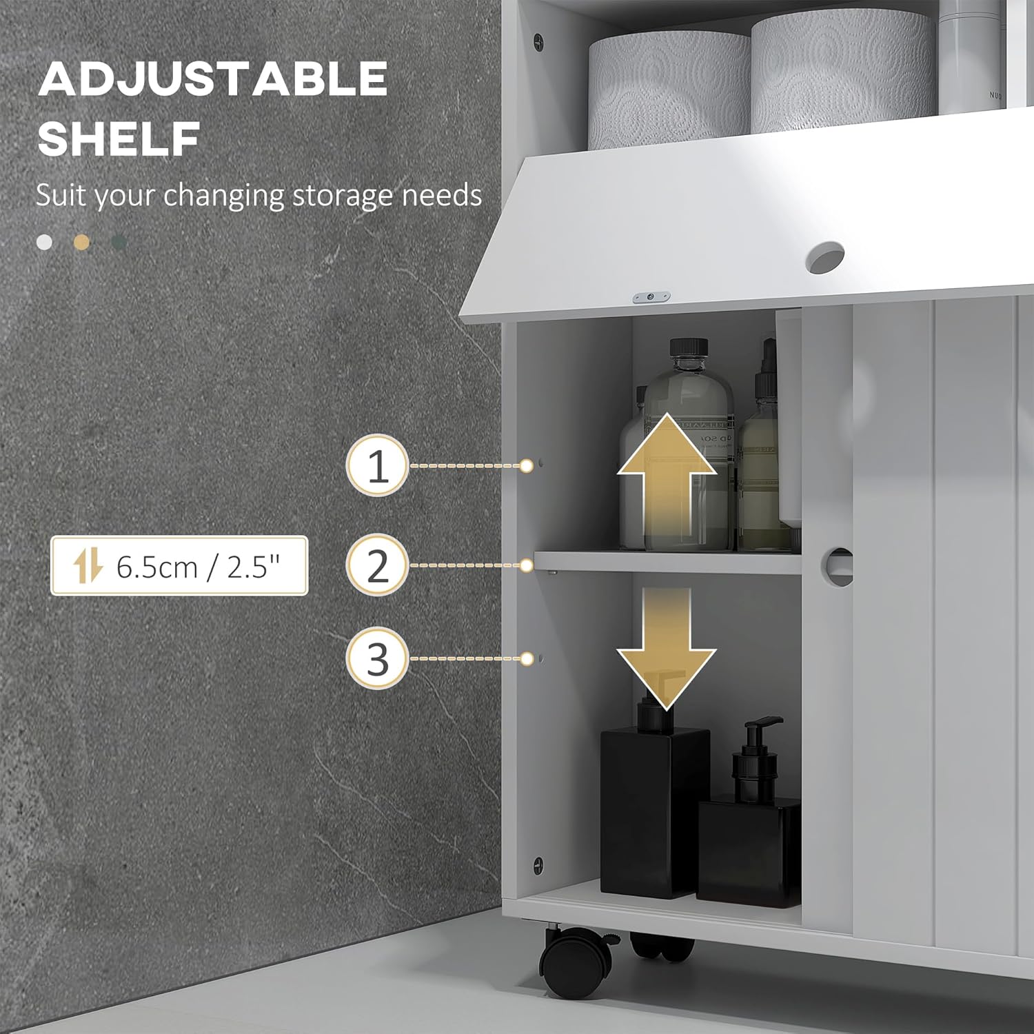 kleankin Toilet Paper Cabinet, Slim Bathroom Cabinet with 4 Rolling Wheels, Small Bathroom Storage Cabinet with Paper Holes, Sliding Doors and Adjustable Shelf for Small Space, White