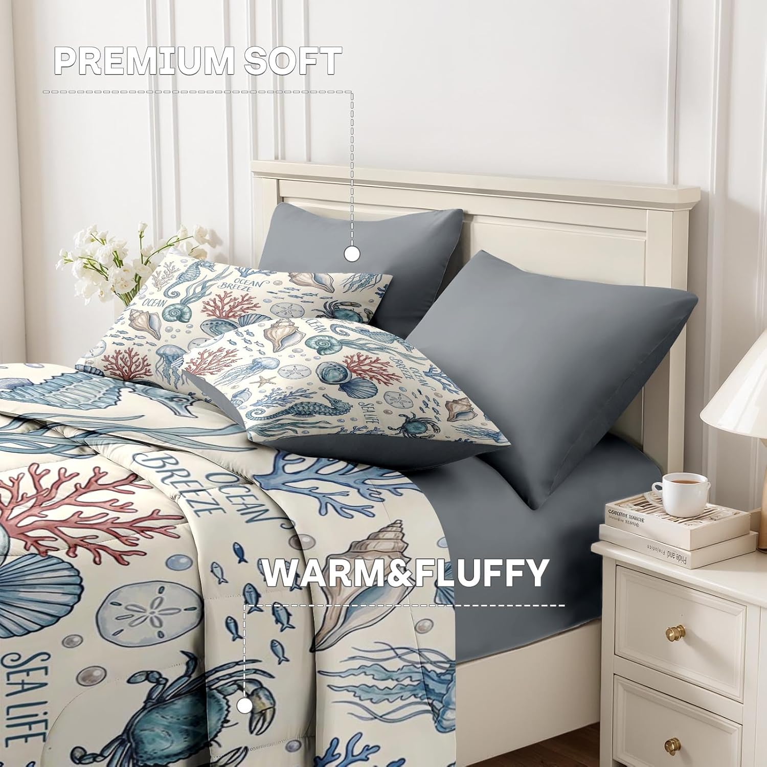 Nesker 7 Pcs Comforter Set Queen Size, Nautical Coastal Seahorse Bedding Set for Kids and Adults, Coral Shell Sea Ocean Bed Sheet Set with Fitted Sheet 2 Pillowcases & 2 Shams