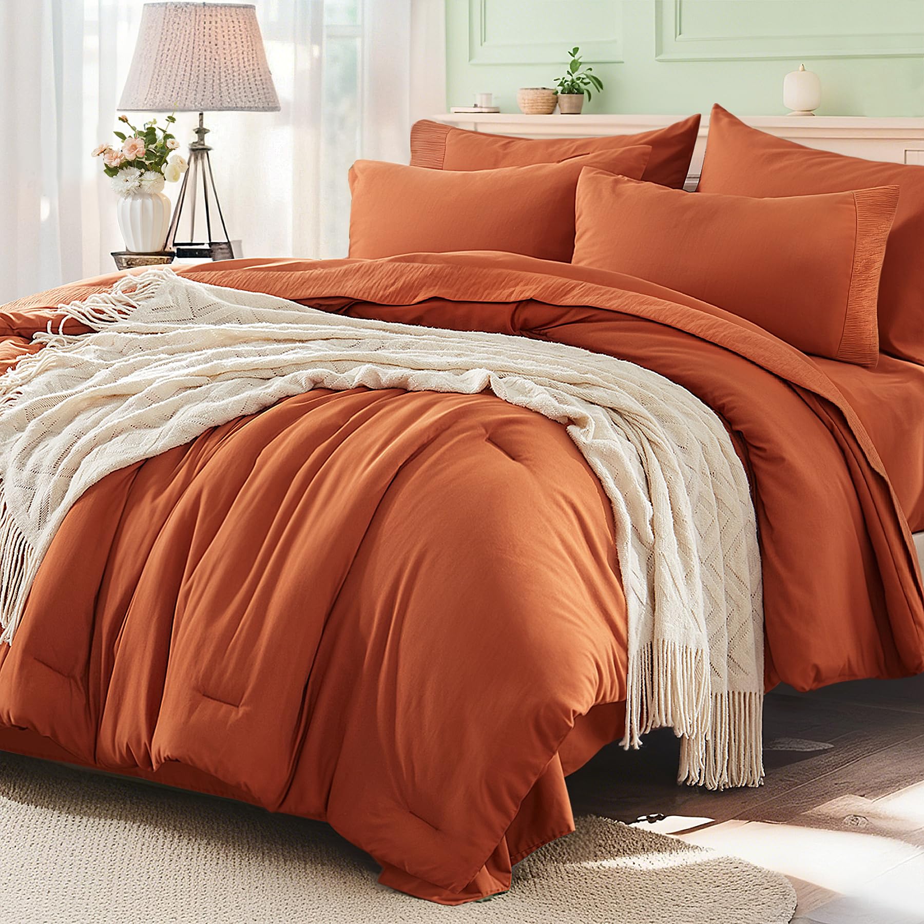 Anluoer Burnt Orange Queen Comforter Set 7 Pieces, Bed in a Bag with Sheets, All Season Bedding Sets with 1 Comforter, 2 Pillow Shams, 2 Pillowcases,