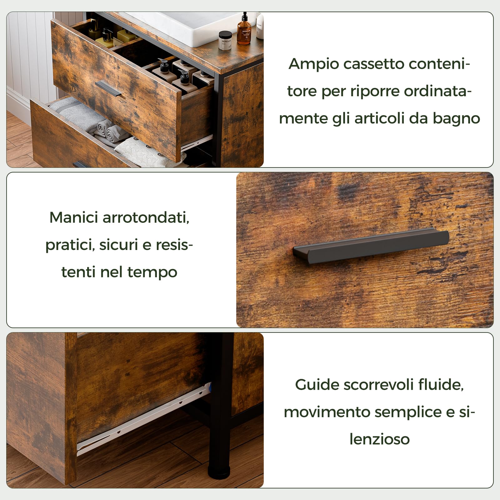 ELUCHANG Mobile Sottolavabo per Bagno, Mobiletto da Bagno, 2 Cassetti,60x30x60cm, Mobile in legno MDF E1 e metallo, Antiacqua e antimuffa, Ideale per bagno piccolo e WC ospiti, con Piedini