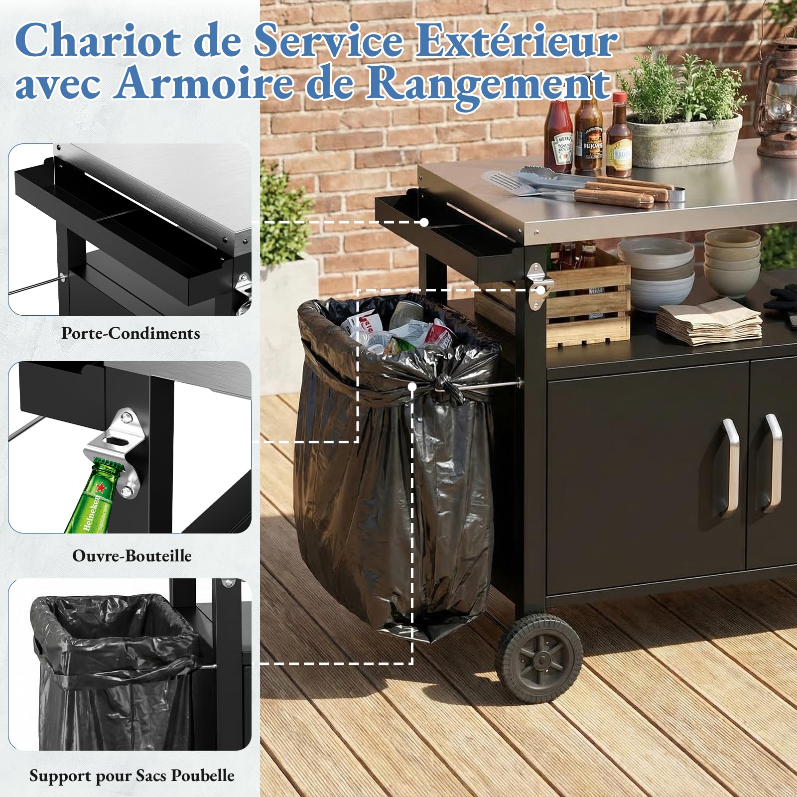 TLSUNNY Chariot de Barbecue en Acier Inoxydable, Desserte Extérieure Plancha 3 Niveaux avec Porte d'Armoire, Table de barbecue avec 4 Roulettes, pour Jardin Terrasse Balcon Camping, 112 x 51 x 82,5 cm
