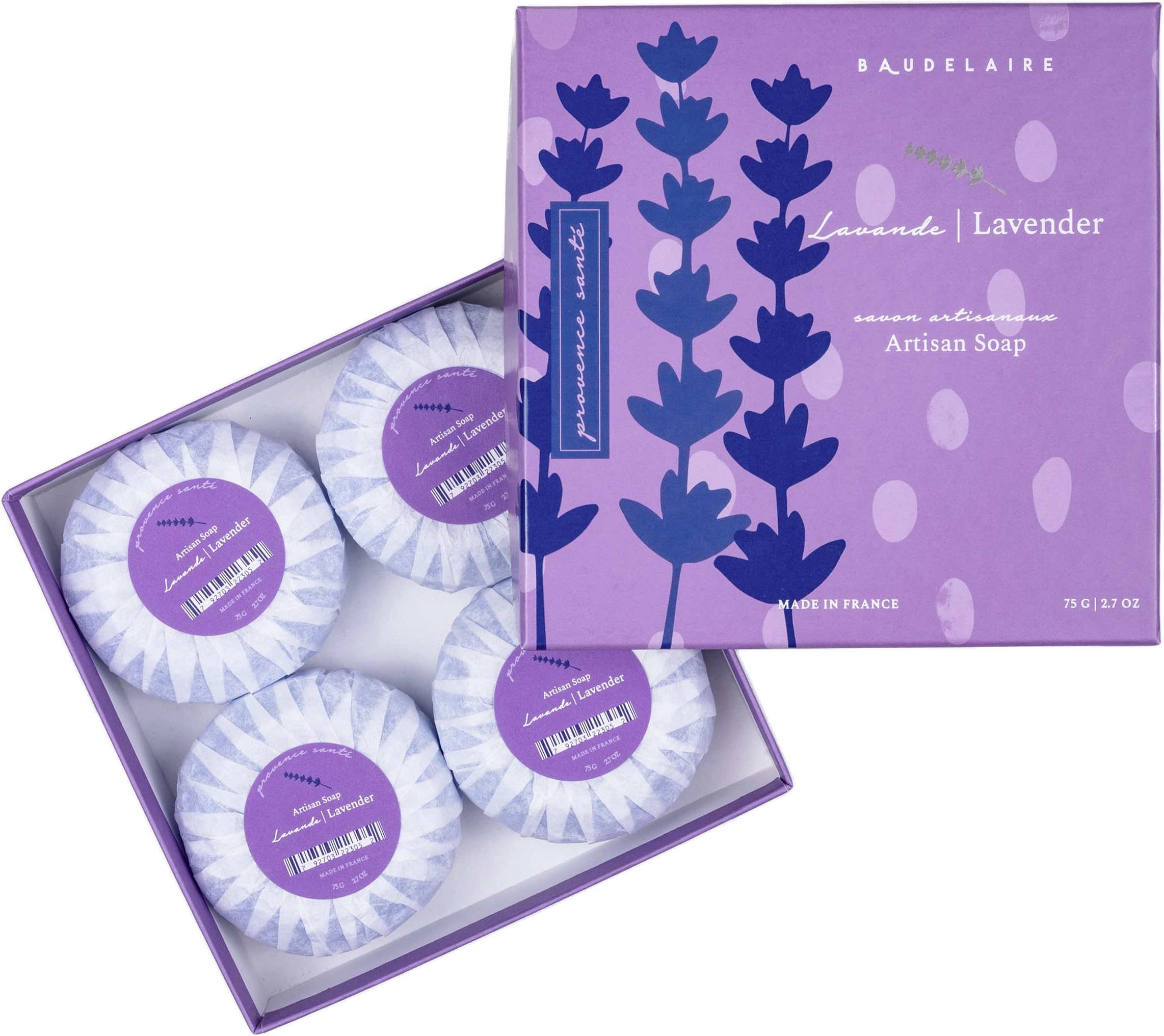 Provence Sante Luxury French Cleansing Bar - Moisturizing Shea Butter - Triple-milled Lavender Fragrance, 2.7oz 4-Bar Gift Box