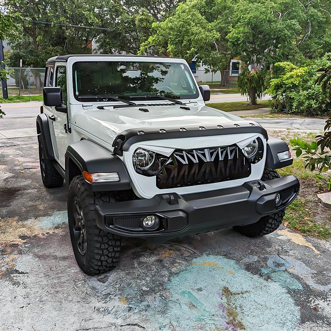 Front Shark Grille Compatible with 2018-2025 Jeep Wrangler JL JLU Gladiator JT w/o TrailCam, White Black