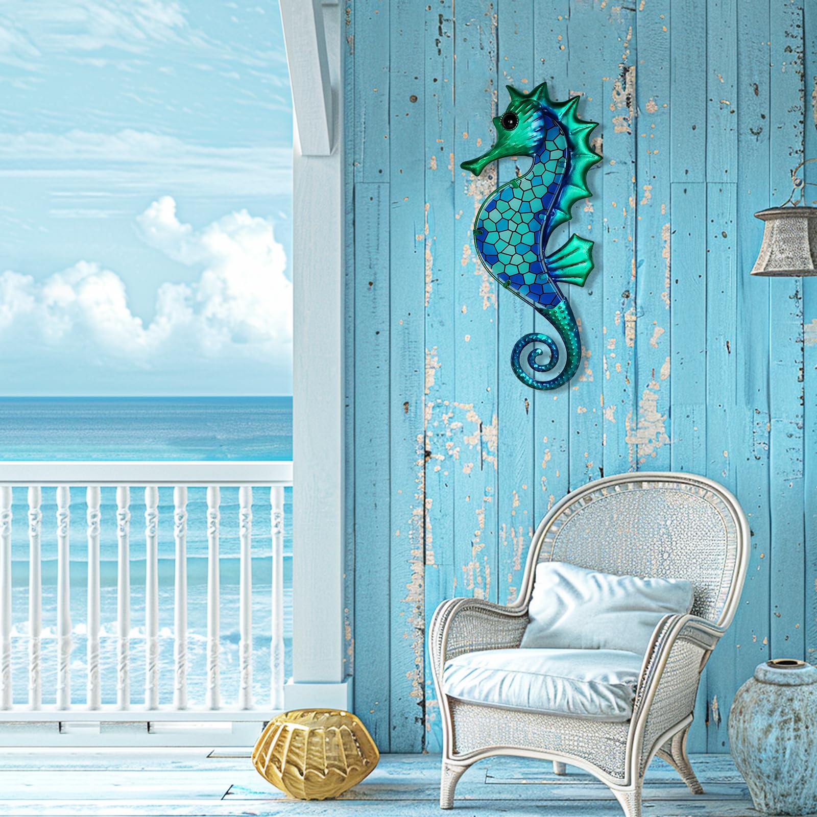 LIFFY Decoración de pared de metal con diseño de caballito de mar con mosaico de cristal, escultura costera, decoración colgante para el hogar, jardín, valla, piscina, playa, baño