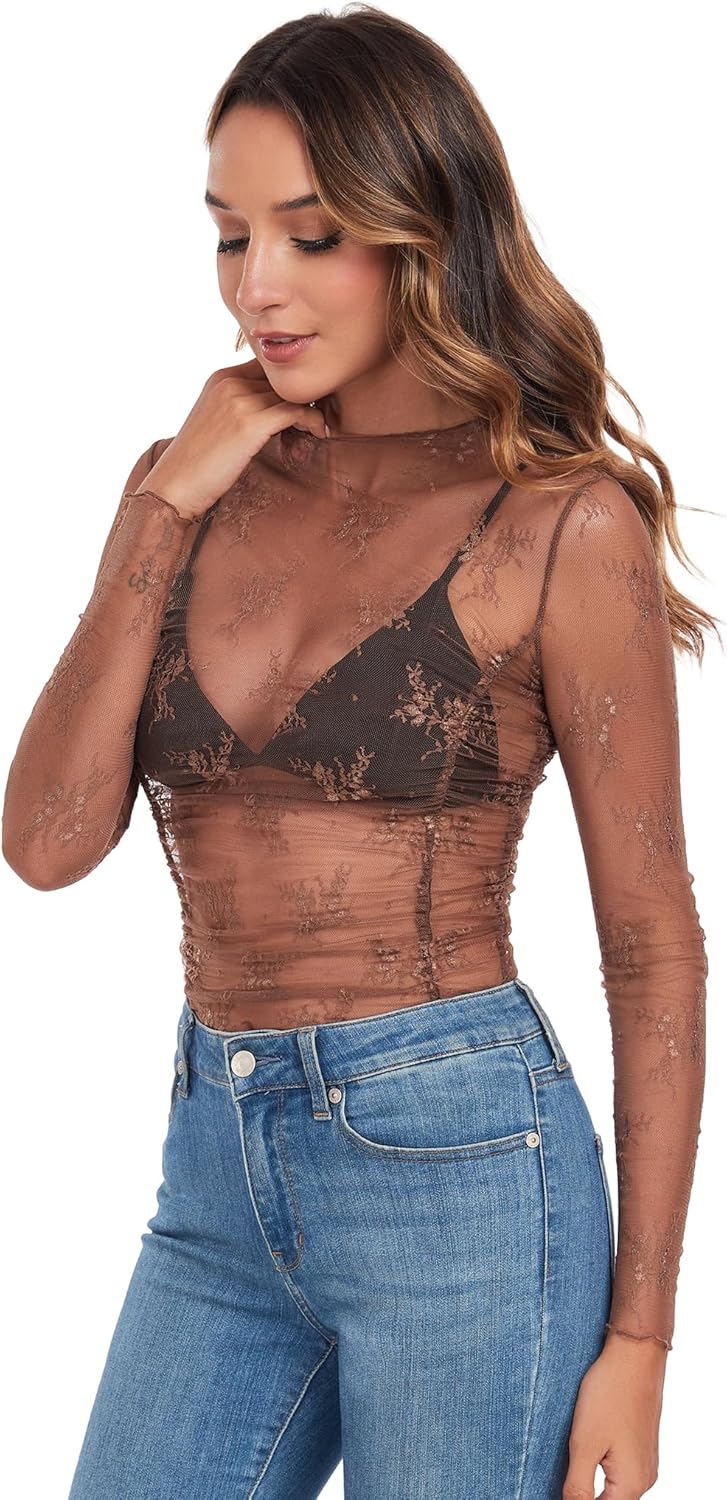ZAFUL Women Mesh Long Sleeve Tops Lace Mock Neck Sheer See Through Shirts Ruched Floral Slim Fit Blouse - Image 3