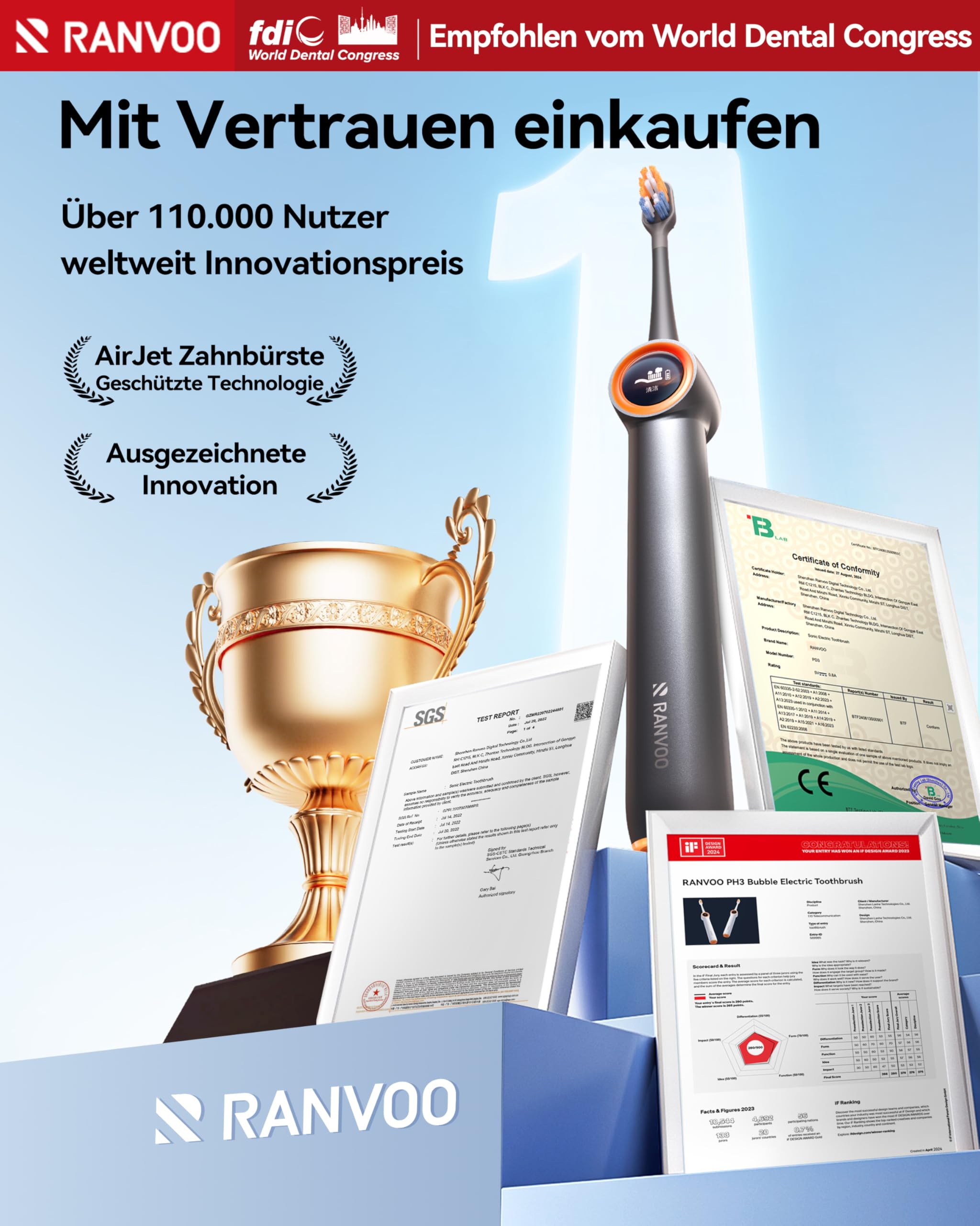 RANVOO AirJet X3 [Maximale Jet-Reinigung] Elektrische Zahnbürste Schall,AirJet Technologie, Plaque Entfernung, Zahnaufhellung, Zwischenräume, für Zahnspange, 2 weiche Bürstenköpfe Weiß