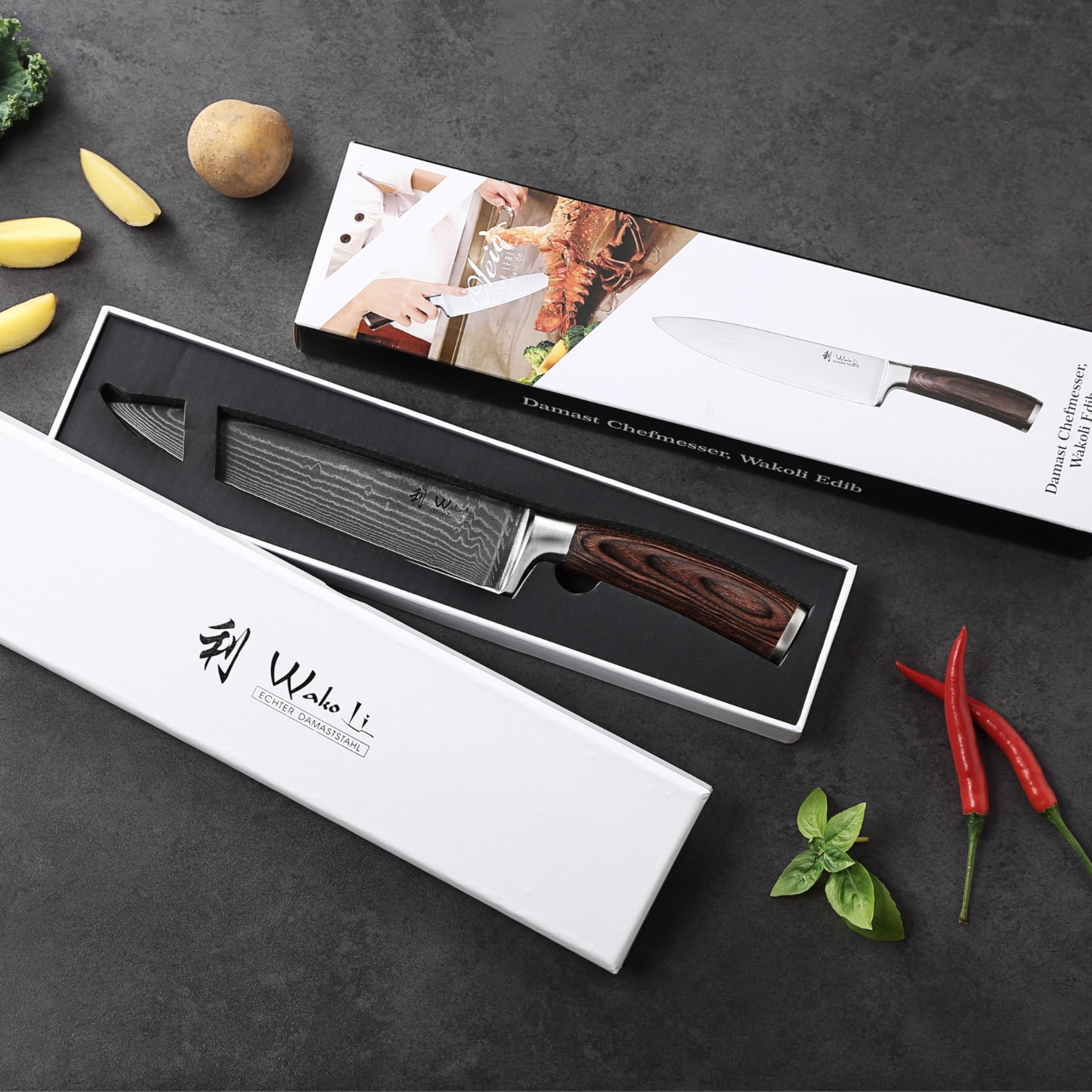 WAKOLI EDIB cuchillo de chef de 20 cm en acero de damasco de 67 capas con núcleo VG10, para carne, pescado, verduras y hierbas, mango de madera Pakka, caja de regalo | para la cocina profesional, con hoja afilada de 67 capas y núcleo VG10, proporcionando