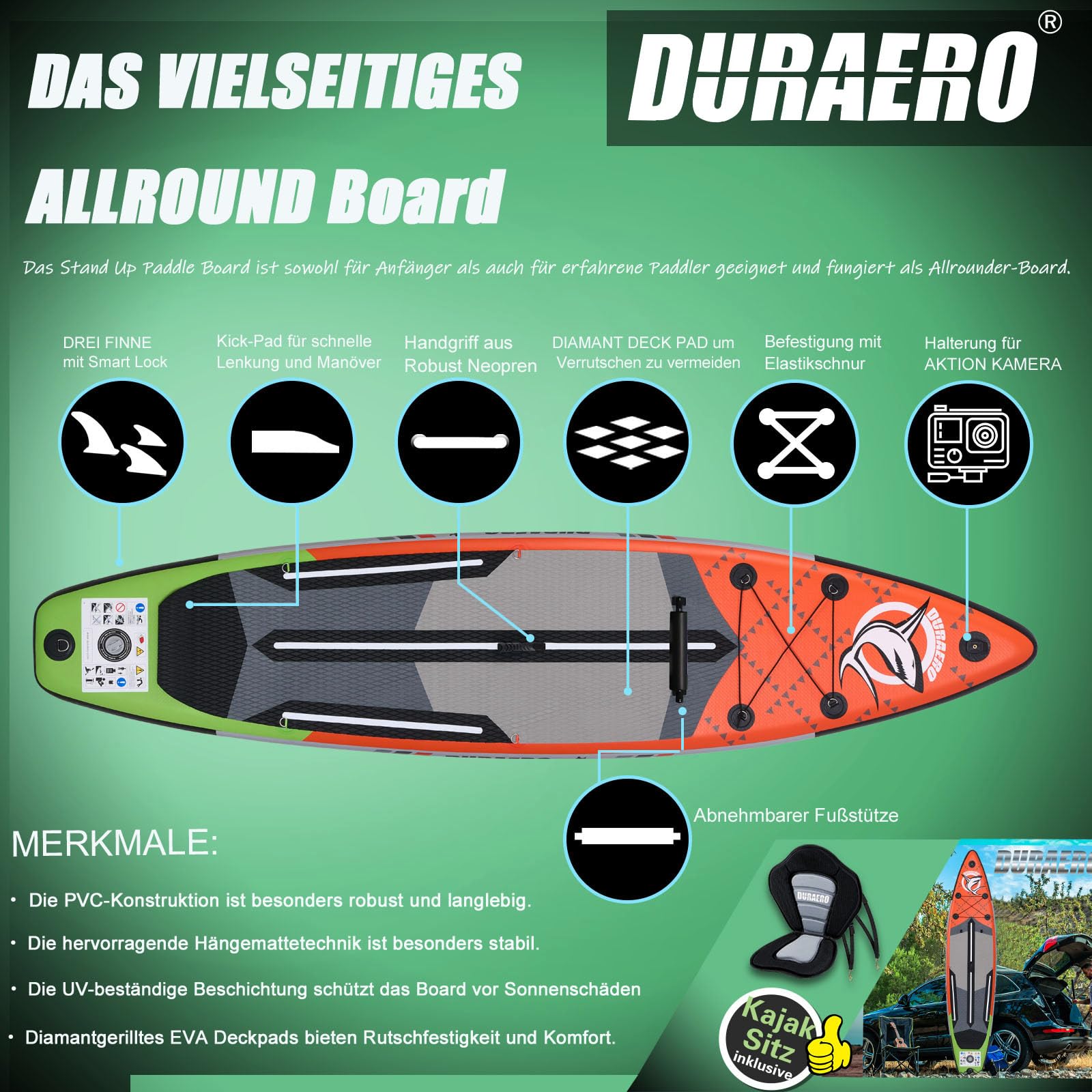 Stand up Paddle Board Aufblasbare SUP Board Set, 330x76x15cm, 3 abnehmbare Flosse, Kajak Sitz, Verstellbares Doppel-Paddel, Cam Halterung, Komplettes Zubehör, Tragkraft bis 150kg, Rot