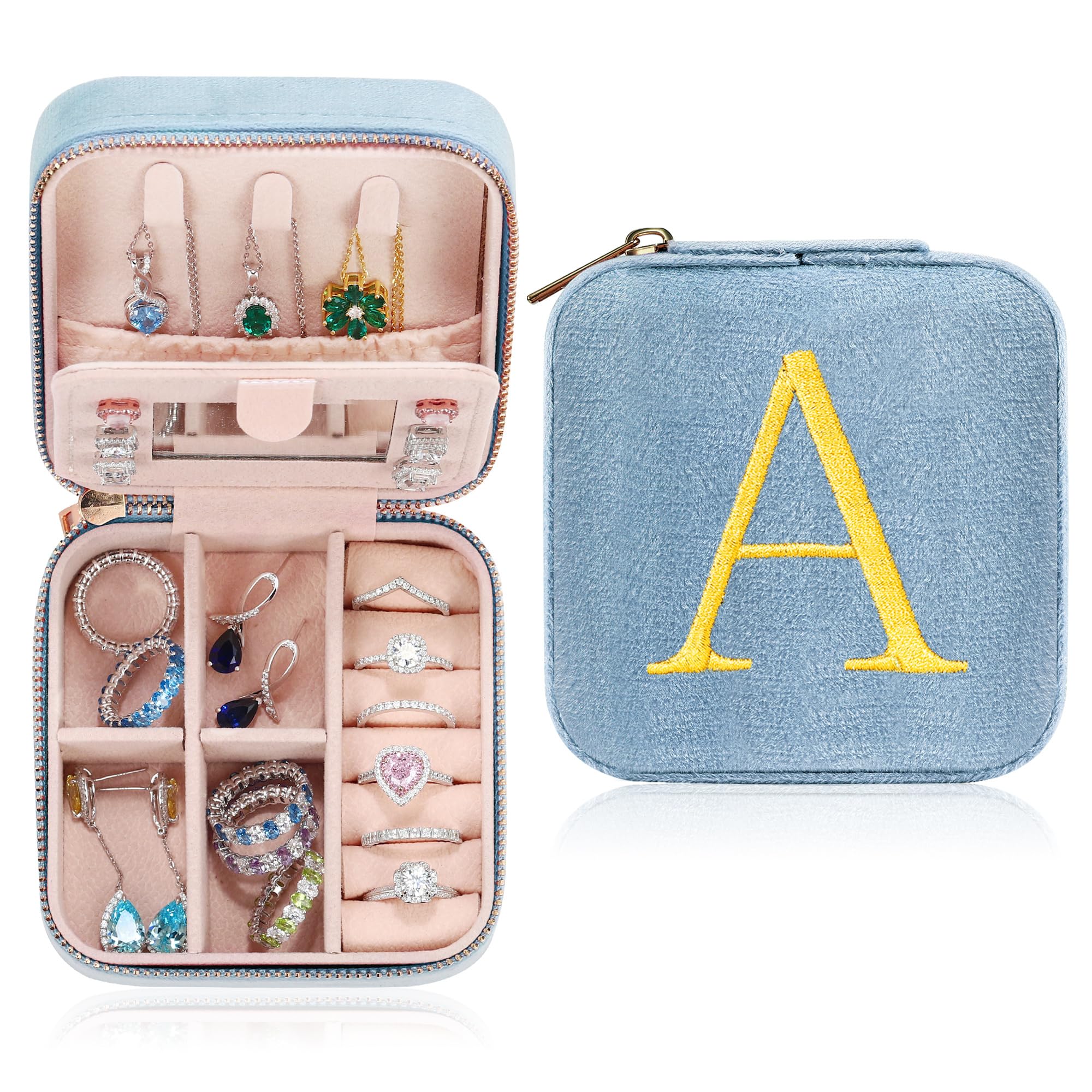 Parima Personalized Plush Velvet Travel Jewelry Case for Women - Small Jewelry Boxes Jewelry Organizer Travel Essential for Women Birthday Gift Friends Female Her Teenage Gift Idea - Letter A, Blue