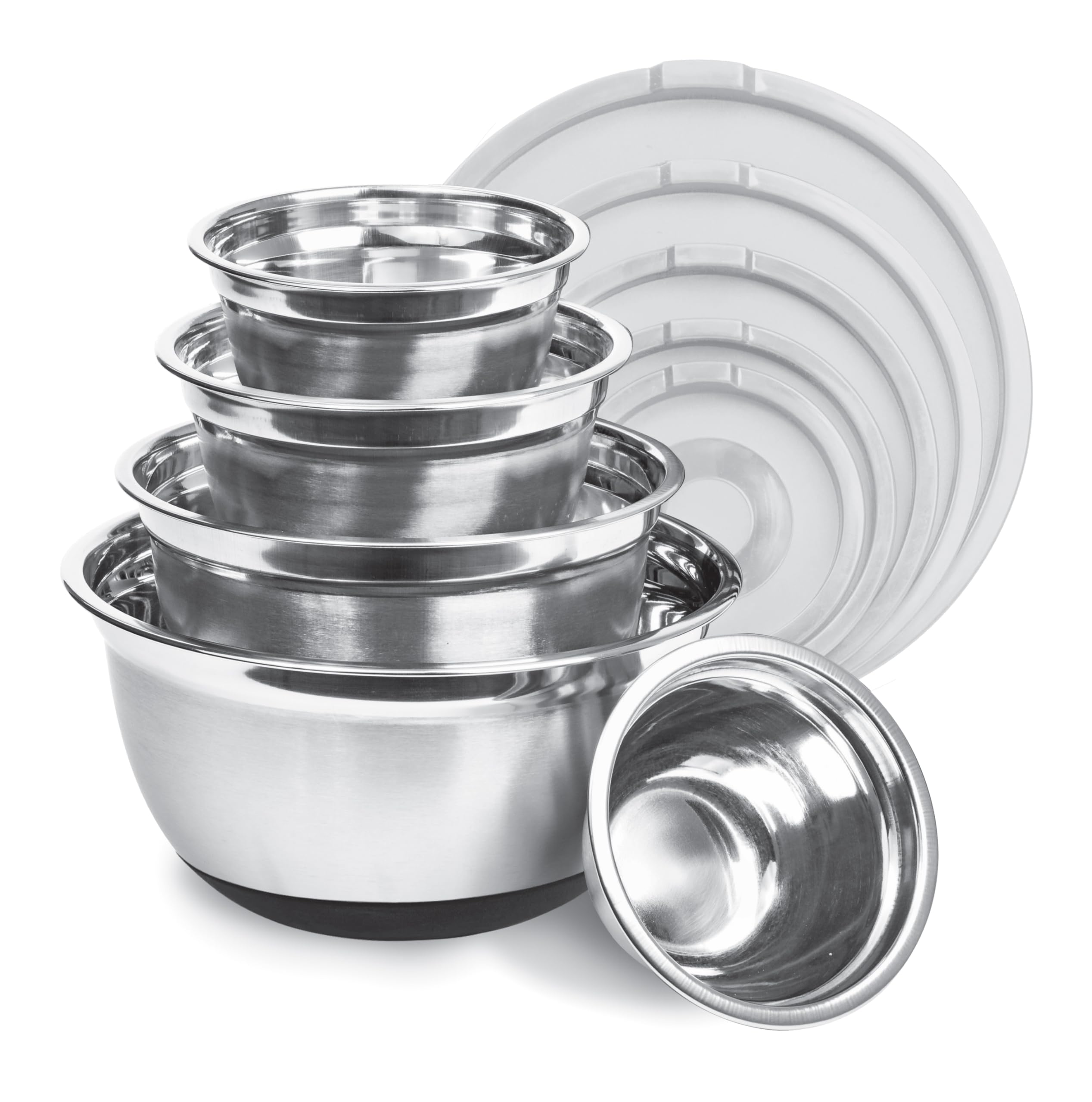 Avador Premium Stainless Steel Mixing Bowls with Lids Non-Slip, Set of 5 Brushed Stainless Steel Mixing Bowl Set with Silicone Bottom, Easy To Clean, Space Saving, Great for Cooking, Baking, Prepping