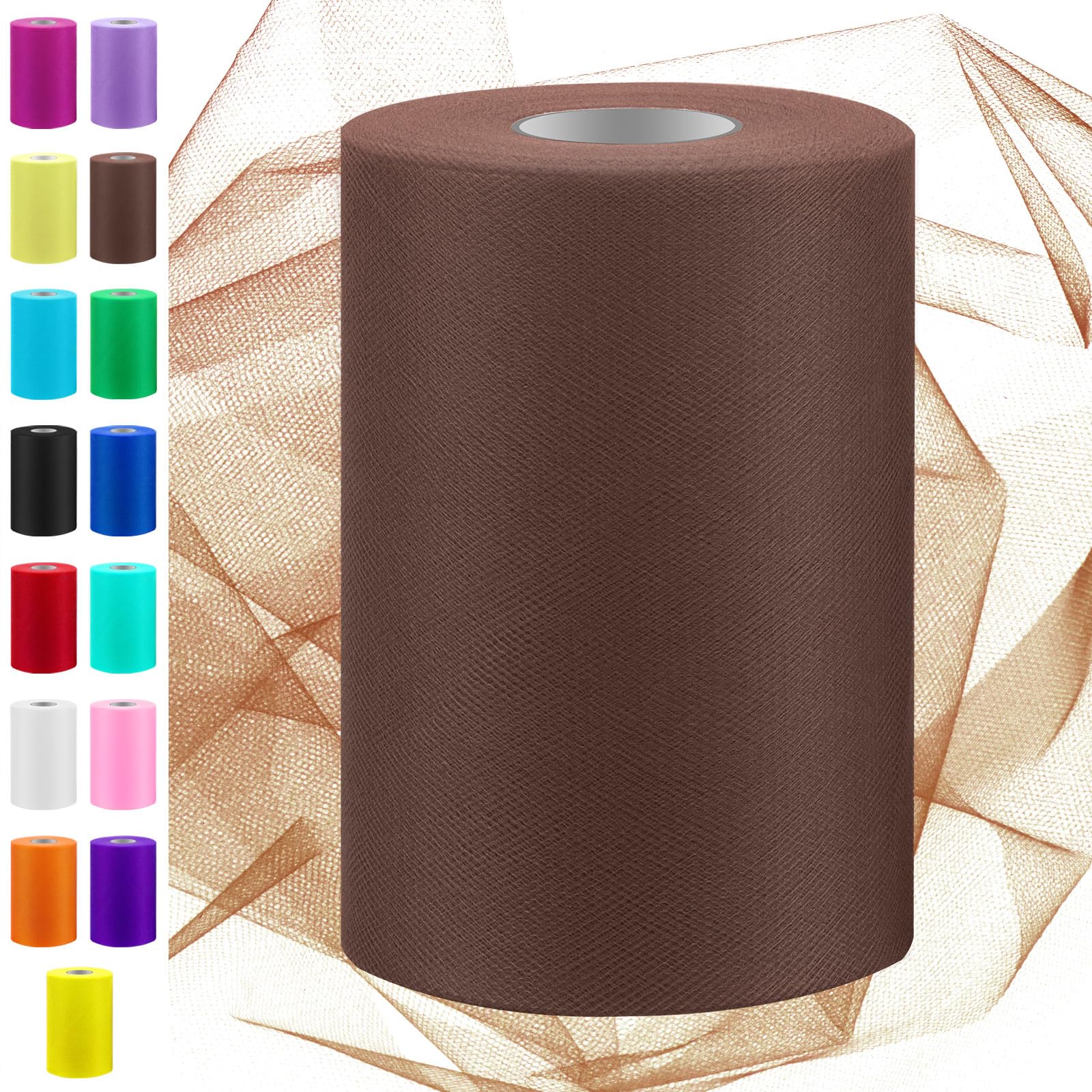 Swpeet 6 Inch by 100 Yards Coffee Color Tulle Fabric Roll, Fabric Spool Tulle Ribbon, Netting Polyester Spool for DIY Handmade Birthday Party Wedding Decorations Christmas Craft Supplies