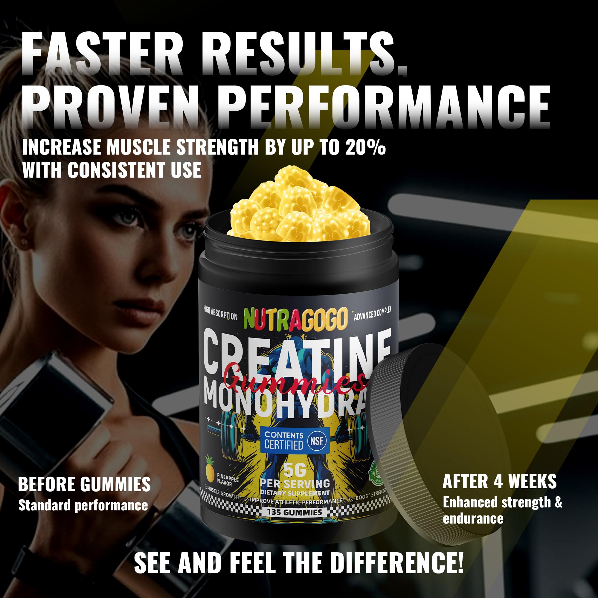 NSF Certified Creatine Gummy - Creatine Monohydrate Gummies for Men & Women-5g of Creatine Monohydrate per Serving - Sugar Free,Vegan, Pineapple Electrolyte Chews, 135 Count — Amazon image 8