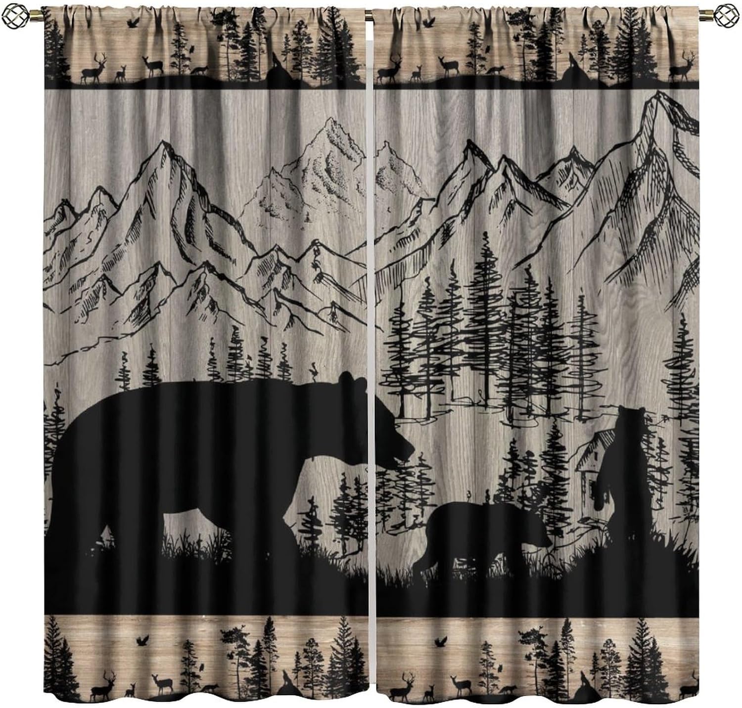 Rustic Cabin Curtains, Farmhouse Bear Moose Forest Vintage Wood Hunting Camping for Room Window Decor, Rod Pocket Print Blackout Drapes for Living Room Bedroom Kitchen 2 Panel Set 42"W X 45"L