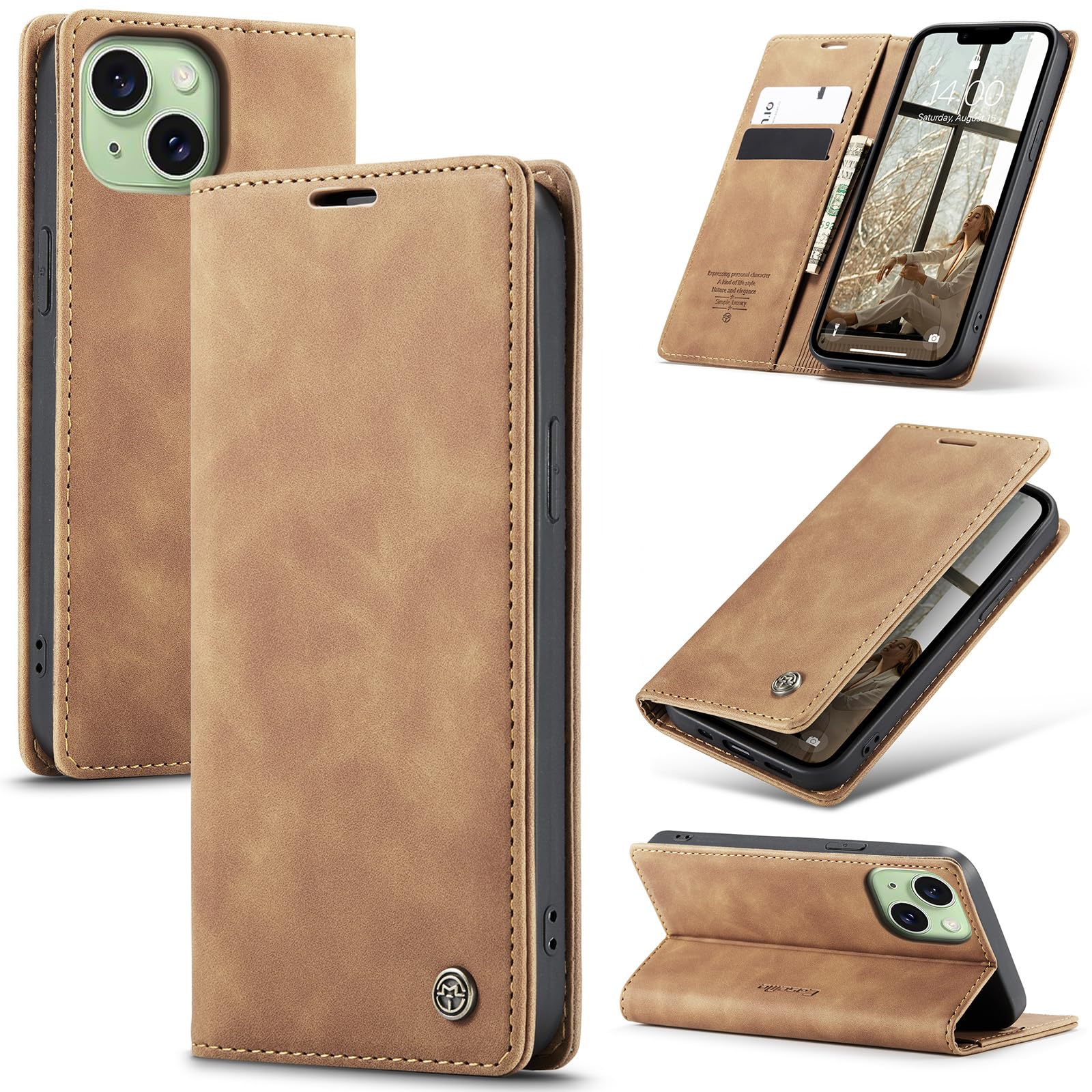 Azororo Cover per iPhone 15 5G, Premium PU Pelle Custodia, Magnetica Carta Fessura Portafoglio Case, Flip Cavalletto Custodia per iPhone 15 - Marrone