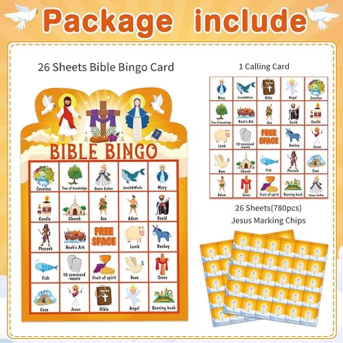Miniatura 2 de FLYAB Juego de bingo bíblico para niños y adultos, 26 jugadores, tarjetas de bingo bíblico cristiano, actividades religiosas para vacaciones,