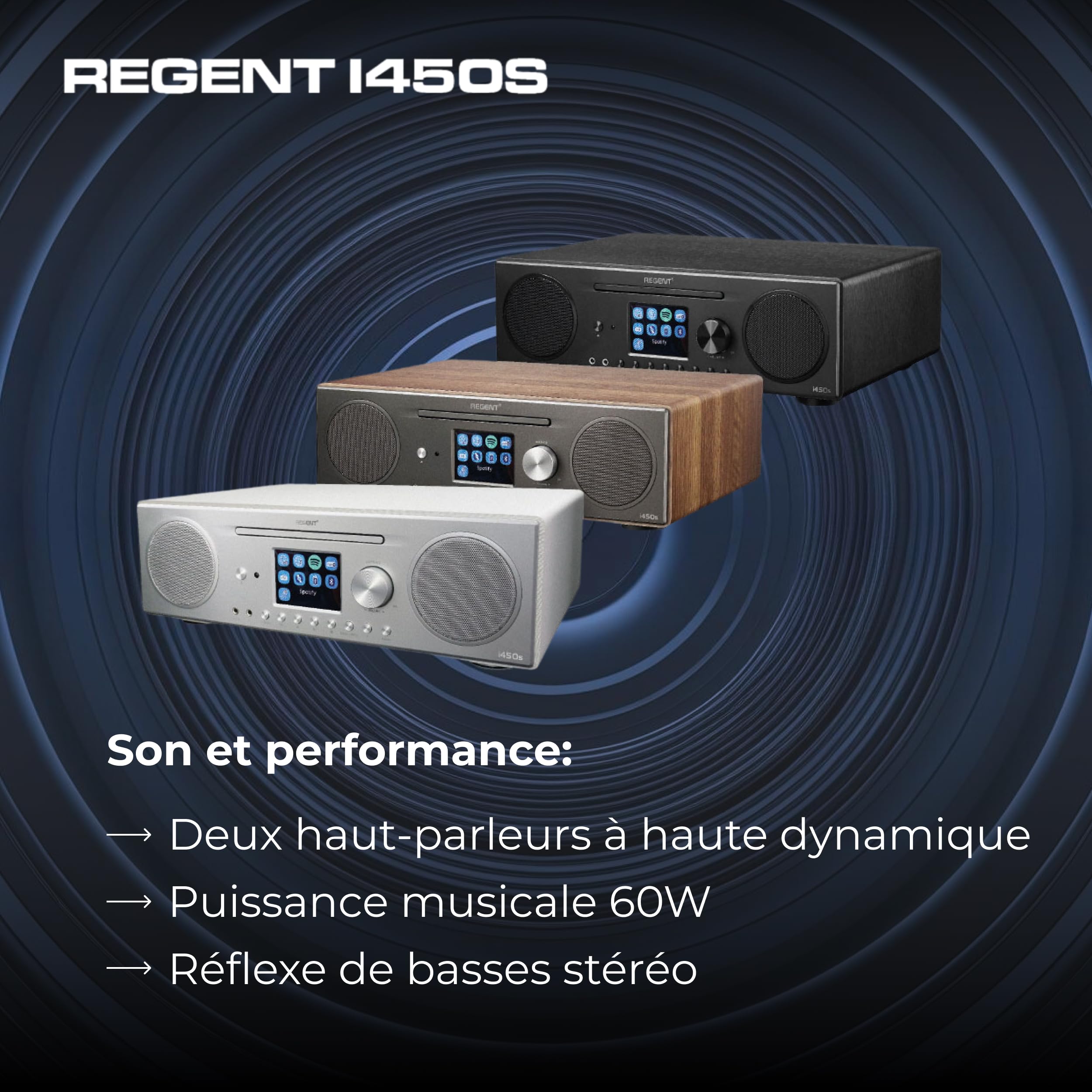 Regent i450s Lecteur CD Radio Internet WiFi Spotify Connect/AUX/USB/Bluetooth – Poste Radio: Enceinte, CD Player, Hi-FI, FM - Home Stéréo - Alarme Double, télécommande (Noir)