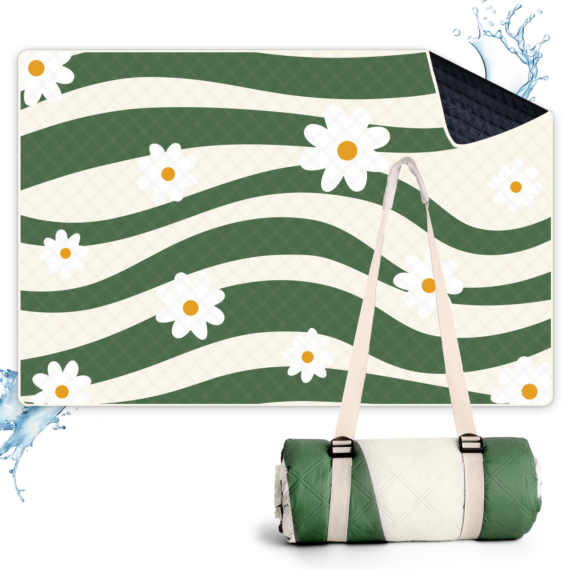 LARUTAN Picnic Blanket Waterproof, Foldable and Portable, with Shoulder strap Design like a Messenger Bag, Comes with Handle, Ideal for Family Picnics Versailles Daisy 200x300cm