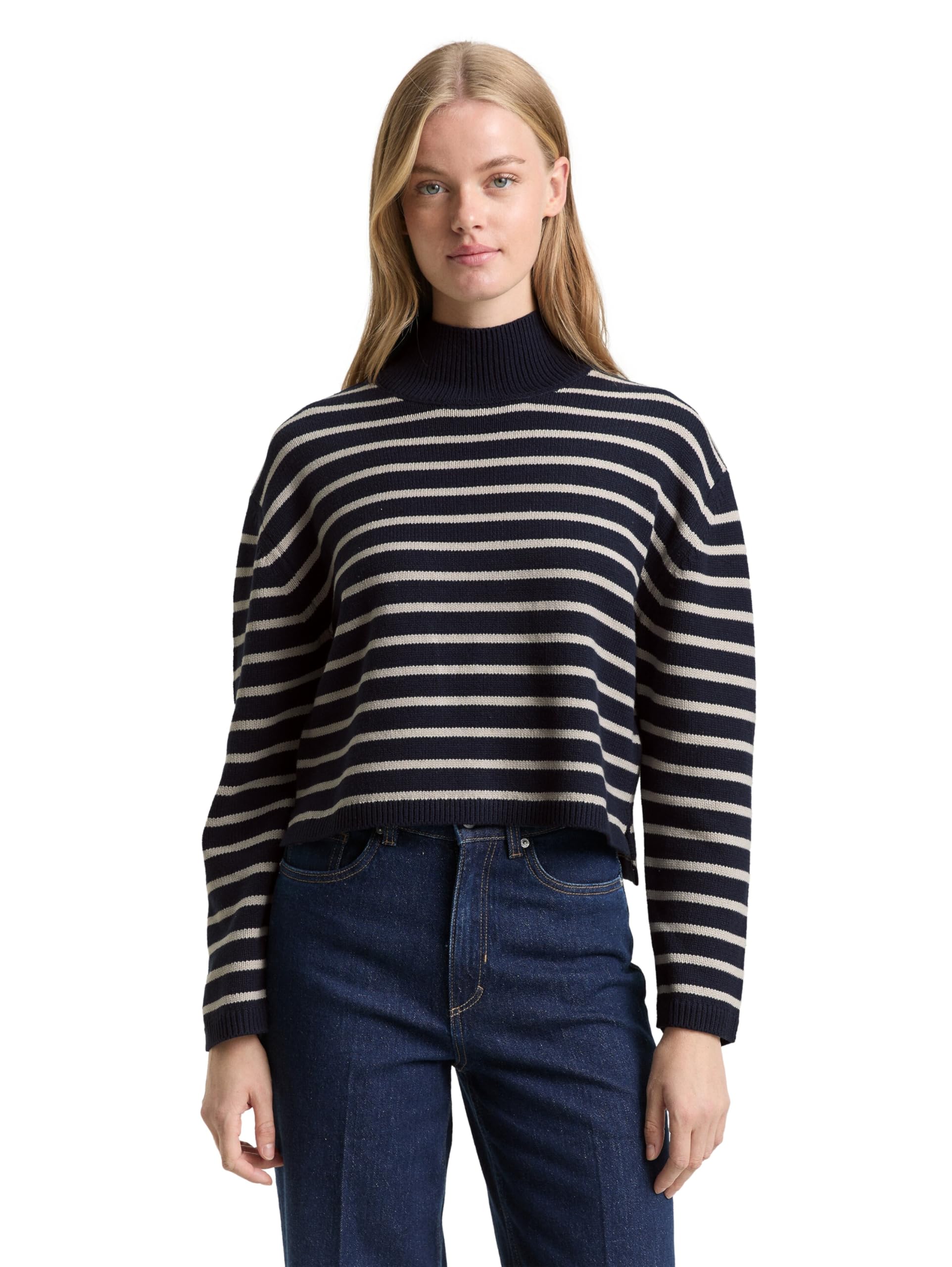 TOM TAILOR Denim Damen Relaxed Fit Strickpullover mit Streifenmuster