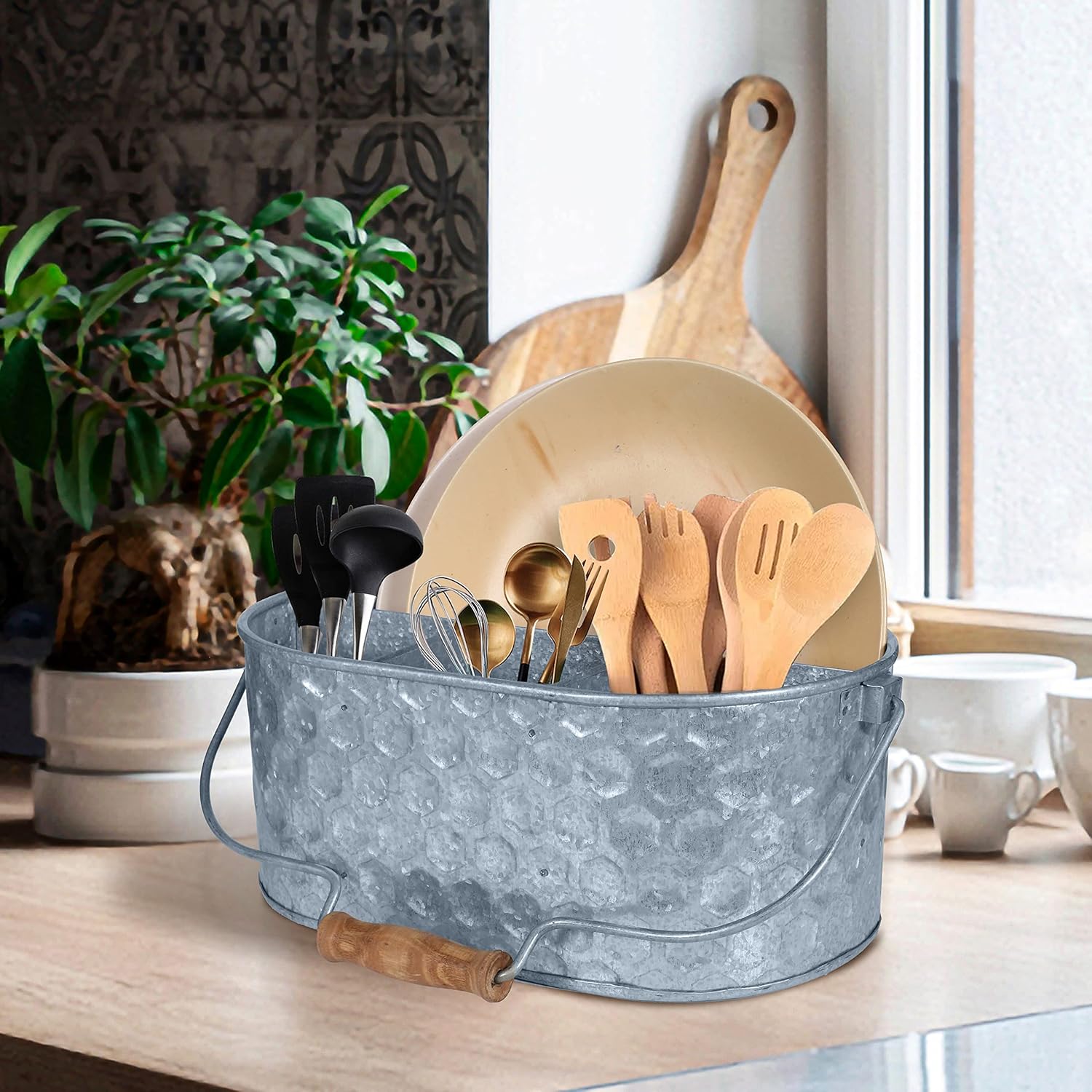 Bedding Craft Galvanized Utensil Caddy – Metal Holder for Kitchen, Picnic & Parties, Rustic Organizer for Silverware, Flatware & Cutlery, Farmhouse Tabletop Caddy Natural Hammered