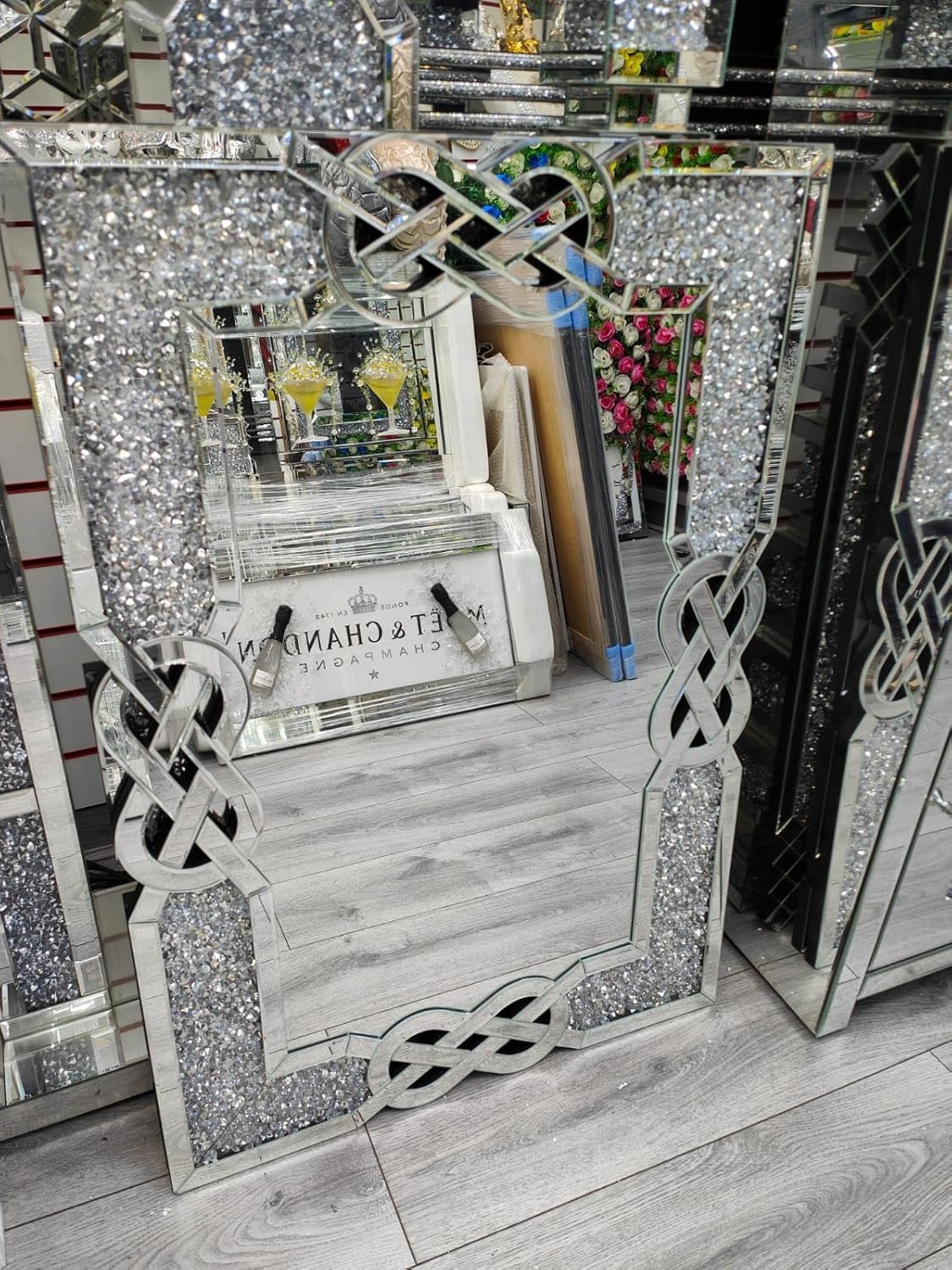 Biznest Filled Celtic Cross Knot Wall Mirror Diamond Crush Crystal Dressing Silver Wall Mirror Rectangle Home Décor For Living Room Bedroom (100x70cm)