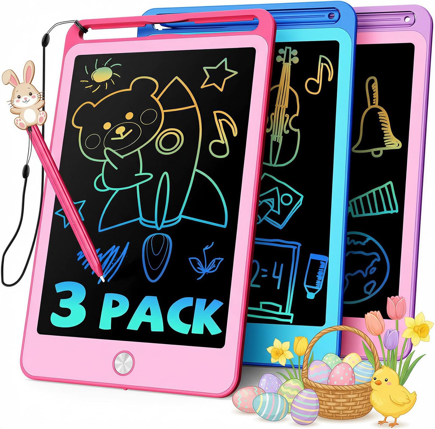 TEKFUN 3 Pack LCD Writing Tablet for Kids, 8.5 Inch Blue+Pink+Purple Doodle Board Drawing Board Reusable Drawing Tablet with Lanyard, Educational Kids
