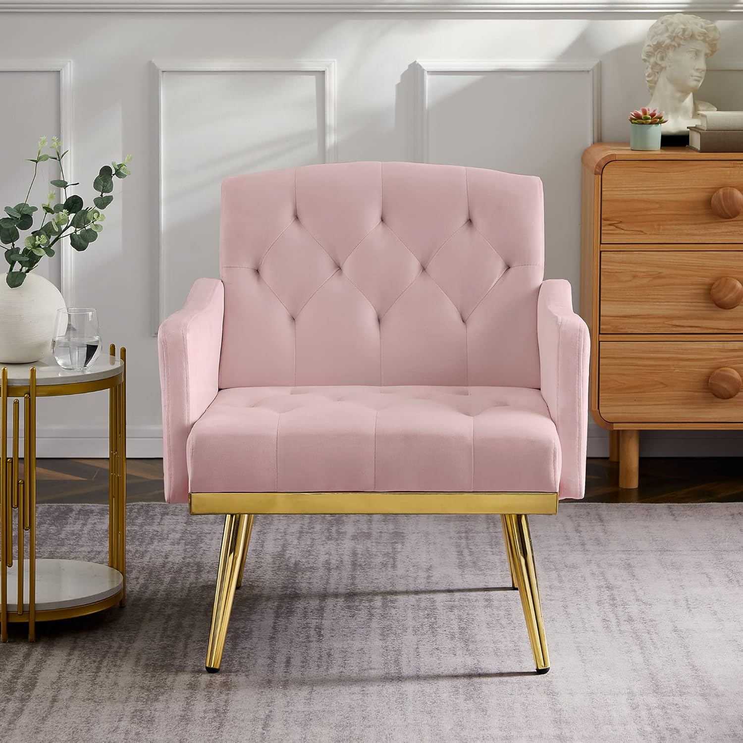 Contemporary Pink Velvet Armchair with Gold Metal Legs,Casual Living Room Lounge Armchair Home Office Chairs Living Room Furniture