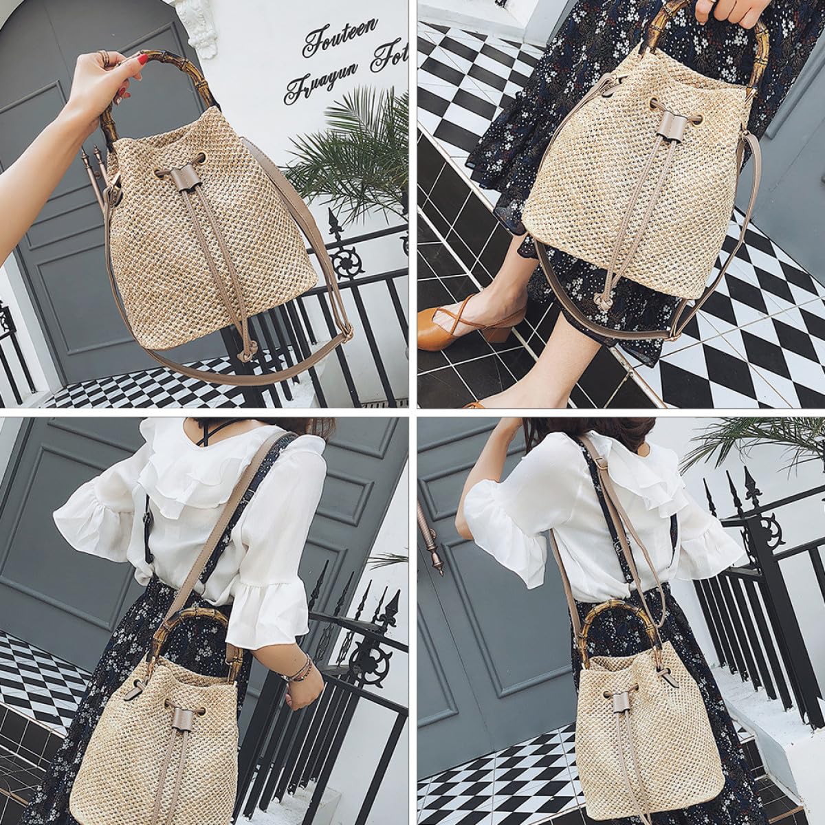 ifundom Borsa Secchiello Intrecciata in Lino e Poliestere, Khaki | Tracolla Crossbody Intrecciata, Chiusura a Coulisse, Stile Semplice e Generoso