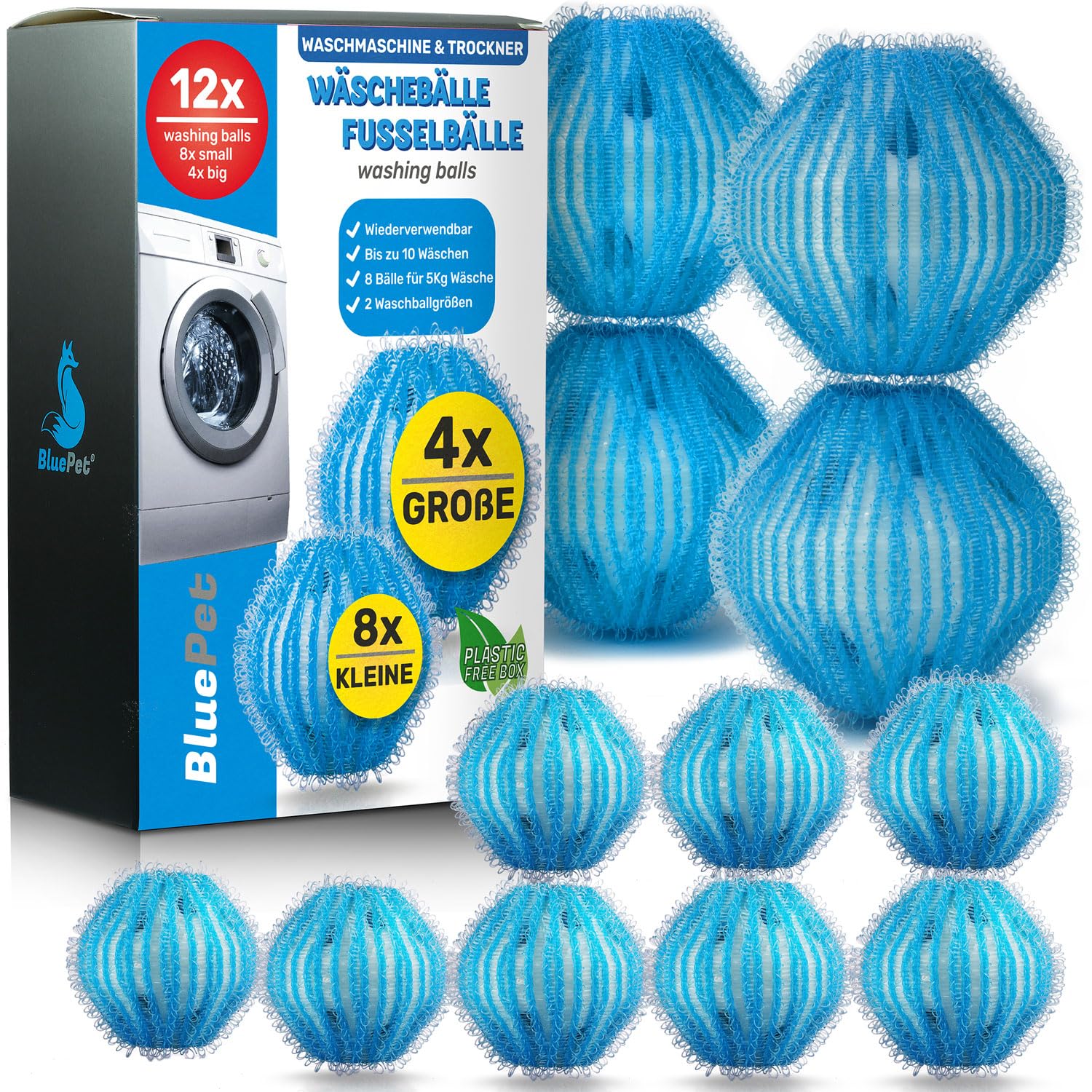 BluePet 12x Tierhaarentferner Bälle für Waschmaschine I Entfernt Tierhaare, Fusseln & Flusen, Haarfänger für Wäschetrockner, Wiederverwendbare Flusenkugeln I Als Haarfänger & Trocknerbälle