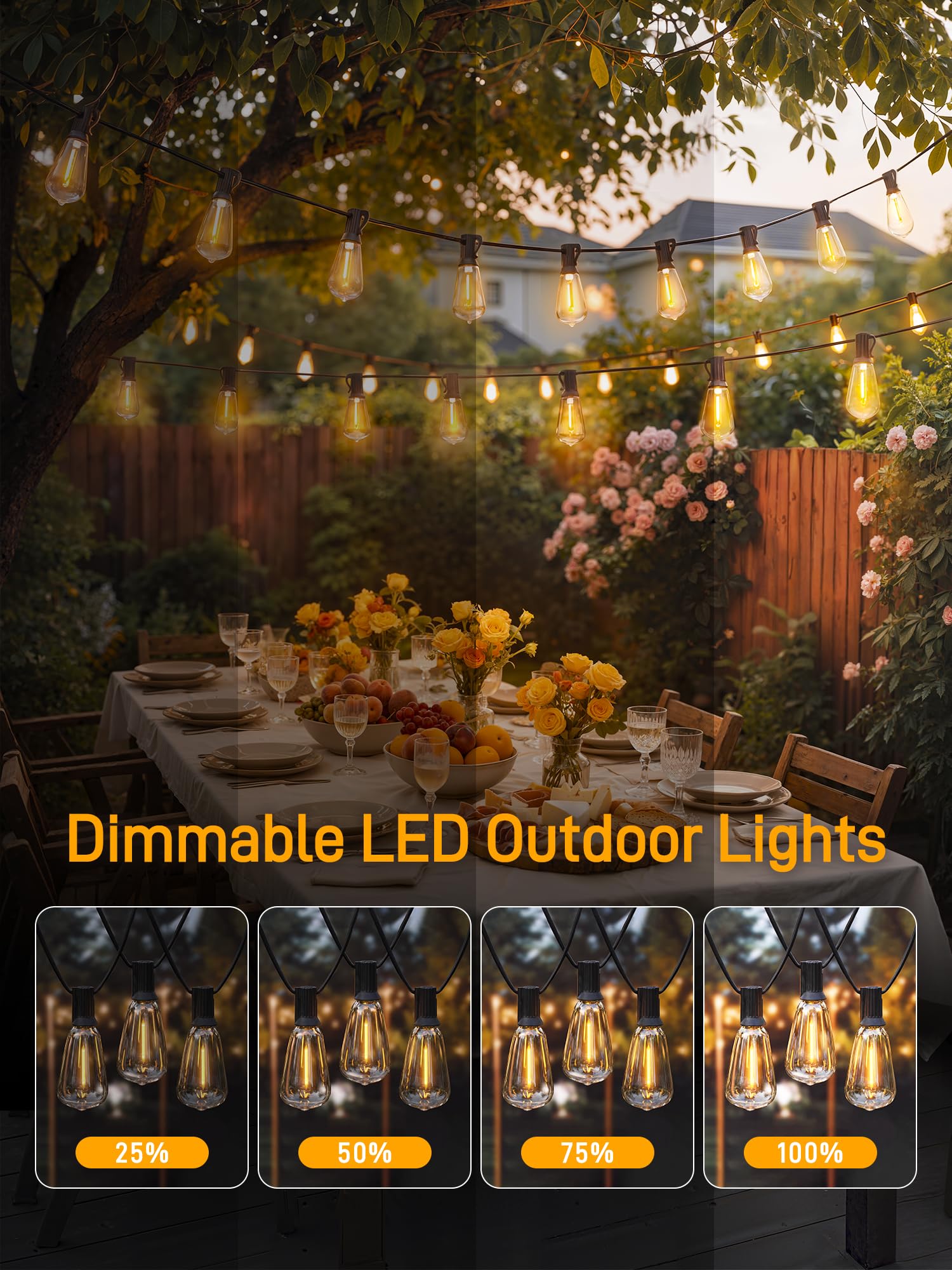 Guirlande lumineuse d'extérieur à intensité variable avec télécommande, 30,5 m avec 2 minuteries et 3 modes, lumières de terrasse étanches et incassables, 2 200 K, 3 ampoules de rechange pour patio et