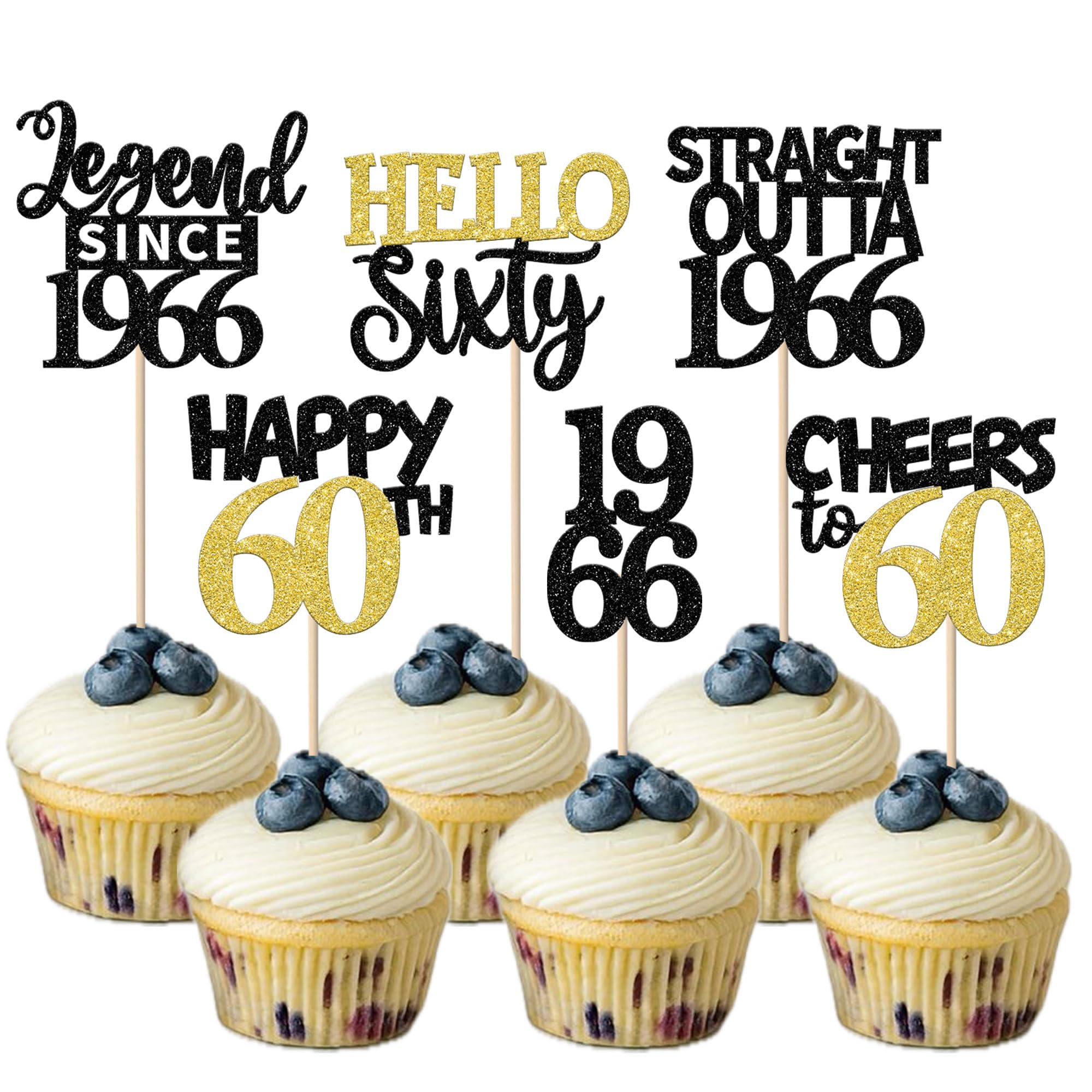 Xsstarmi 24 Pcs 60th Birthday Cupcake toppers Black Gold Glitter Hello sixty Legend Since 1966 Cake Picks for Cheers to 60 years old Birthday Party Decorations Supplies