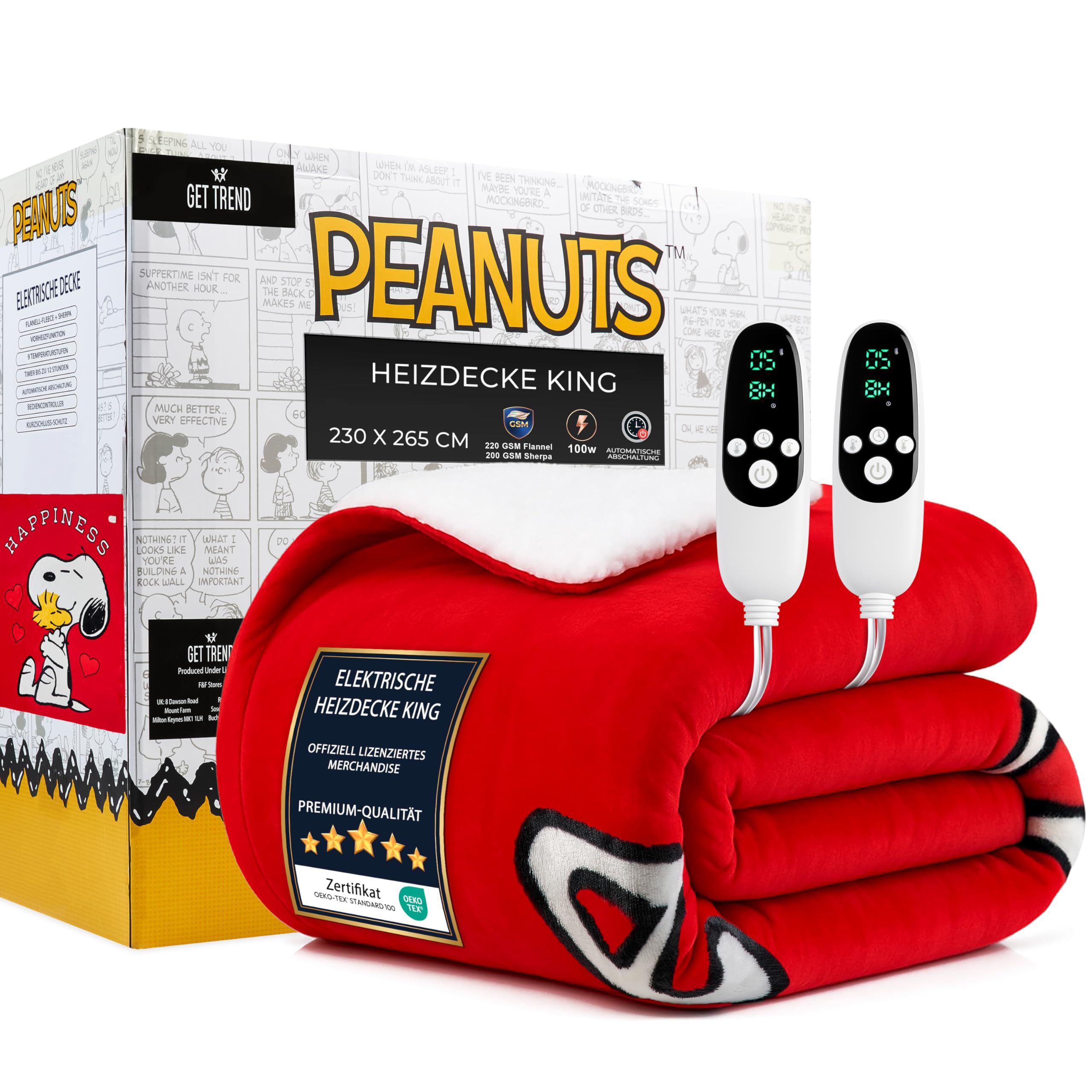 Peanuts Snoopy Heizdecke Kingsize, Weiche Sherpa Fleecedecke 230x265cm, 9 Heizstufen, 12-Stunden-Abschaltautomatik, Warme Kuscheldecke Geschenk (Rot Snoopy, König EU)