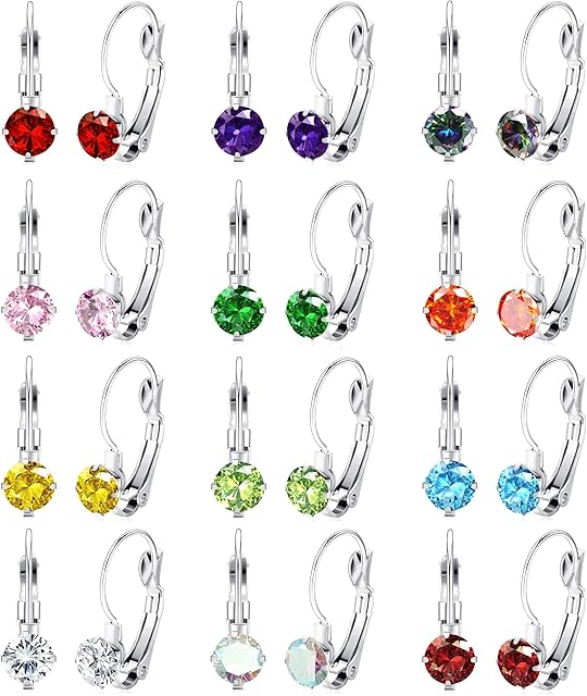Kakonia 12 Pairs Leverback Earrings for Women 316L Stainless Steel Birthstone Leverback Dangle Earrings 6MM Multicolor Cubic Zirconia Drop Earrings Jewellery Set