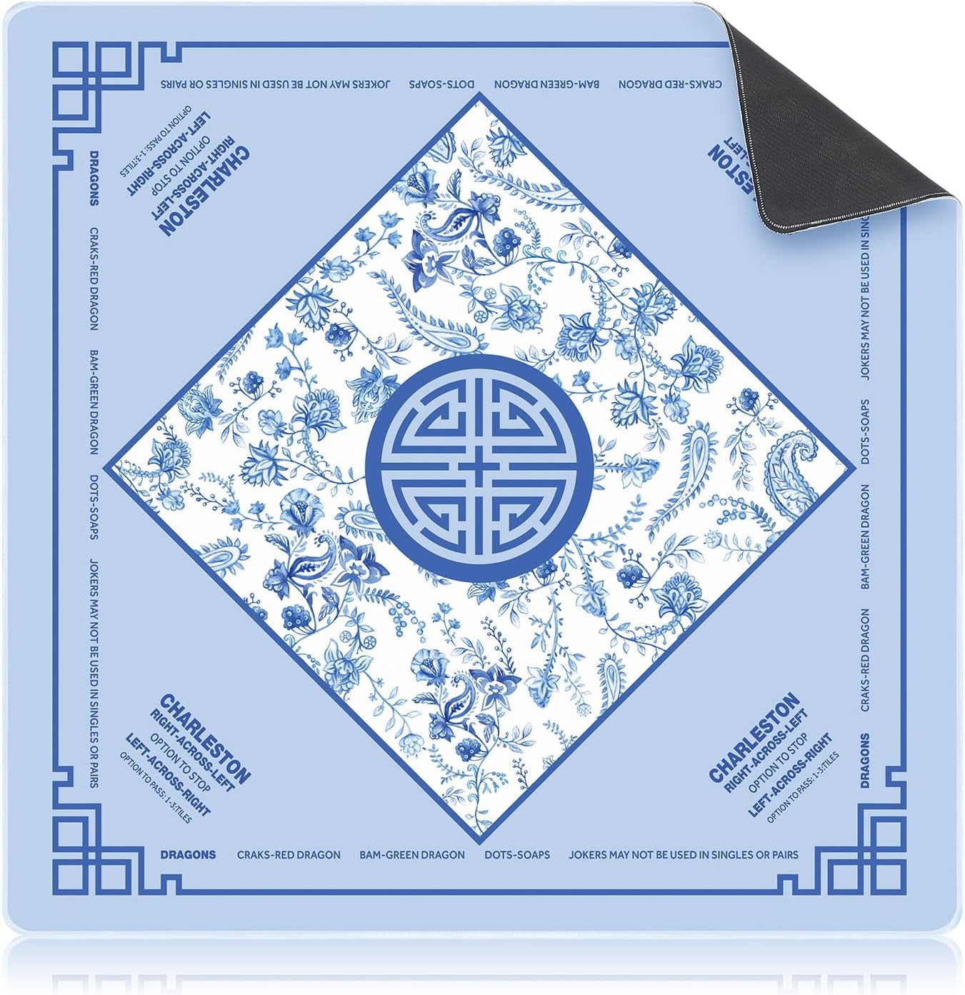 mahjong mat with rules non-slip noise reduction chinoiserie gaming mat multi purpose game table cover for mahjong card board tile games(blue,32 x 32 inch)