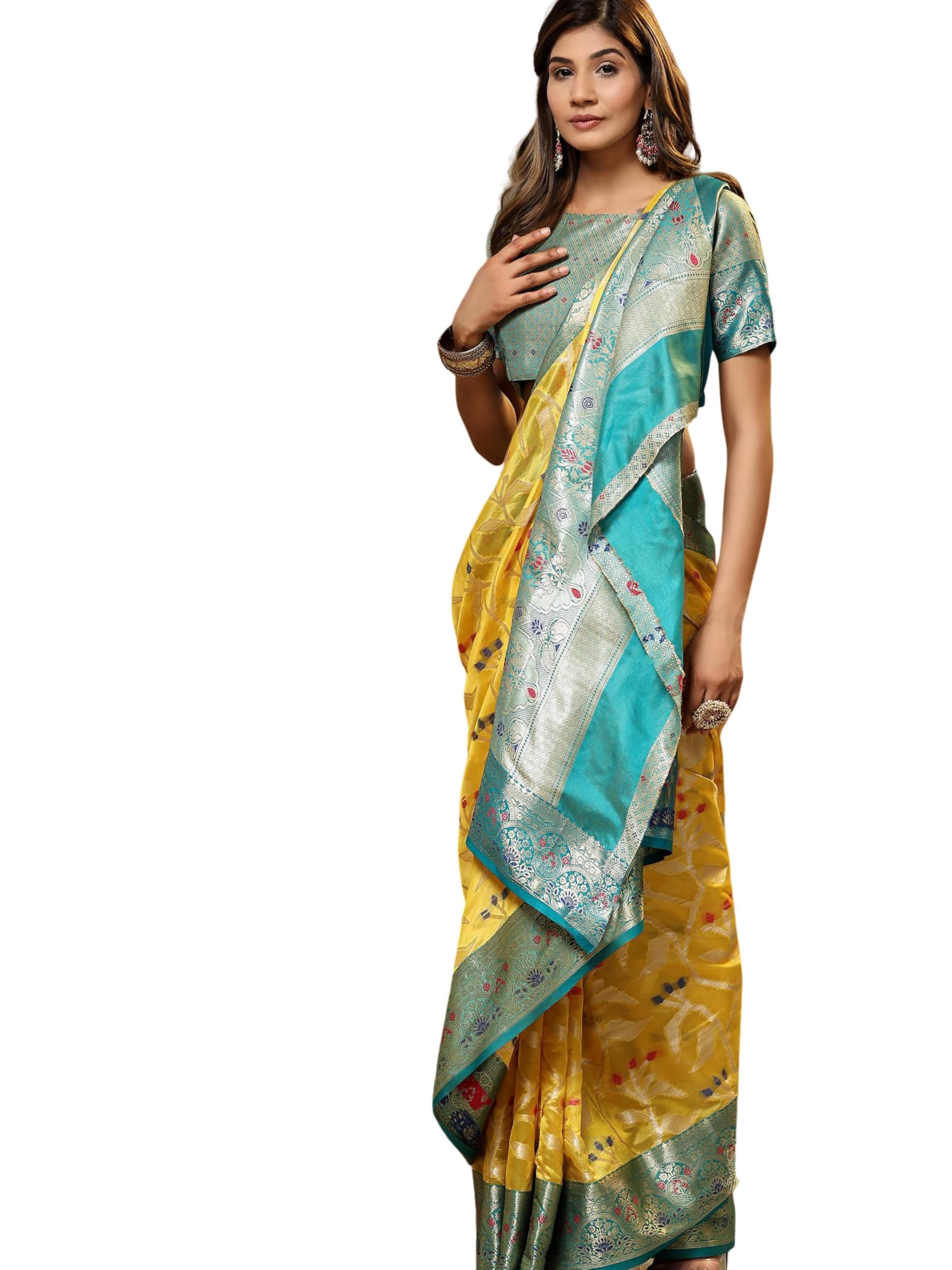 Vintro Women's Tranding kanjeevaram silk woven design yellow saree (MNXS1020)
