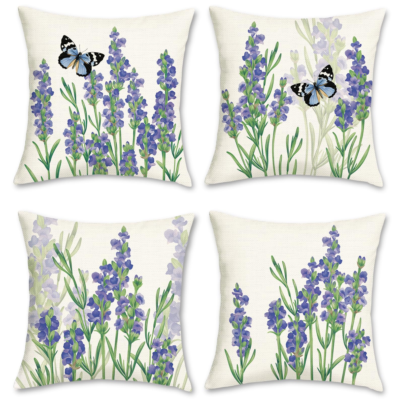 Bonhause Fundas de Cojín Flores 45 x 45 cm Funda de Almohada Flor Púrpura Poliéster Lino Cojines Decorativos para Sofá Cama Hogar Exterior Juego de 4