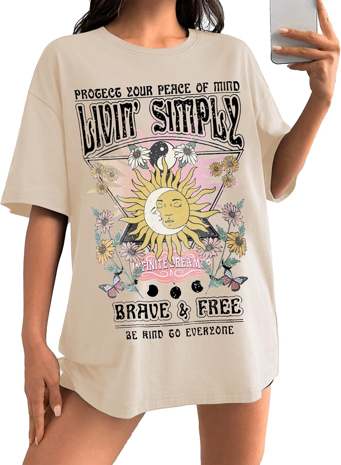 MSBESYOR Women Oversized Graphic Tee Shirt Sun Moon Flowers Letter Handrail Planter Boxes Hanging Draping Plants