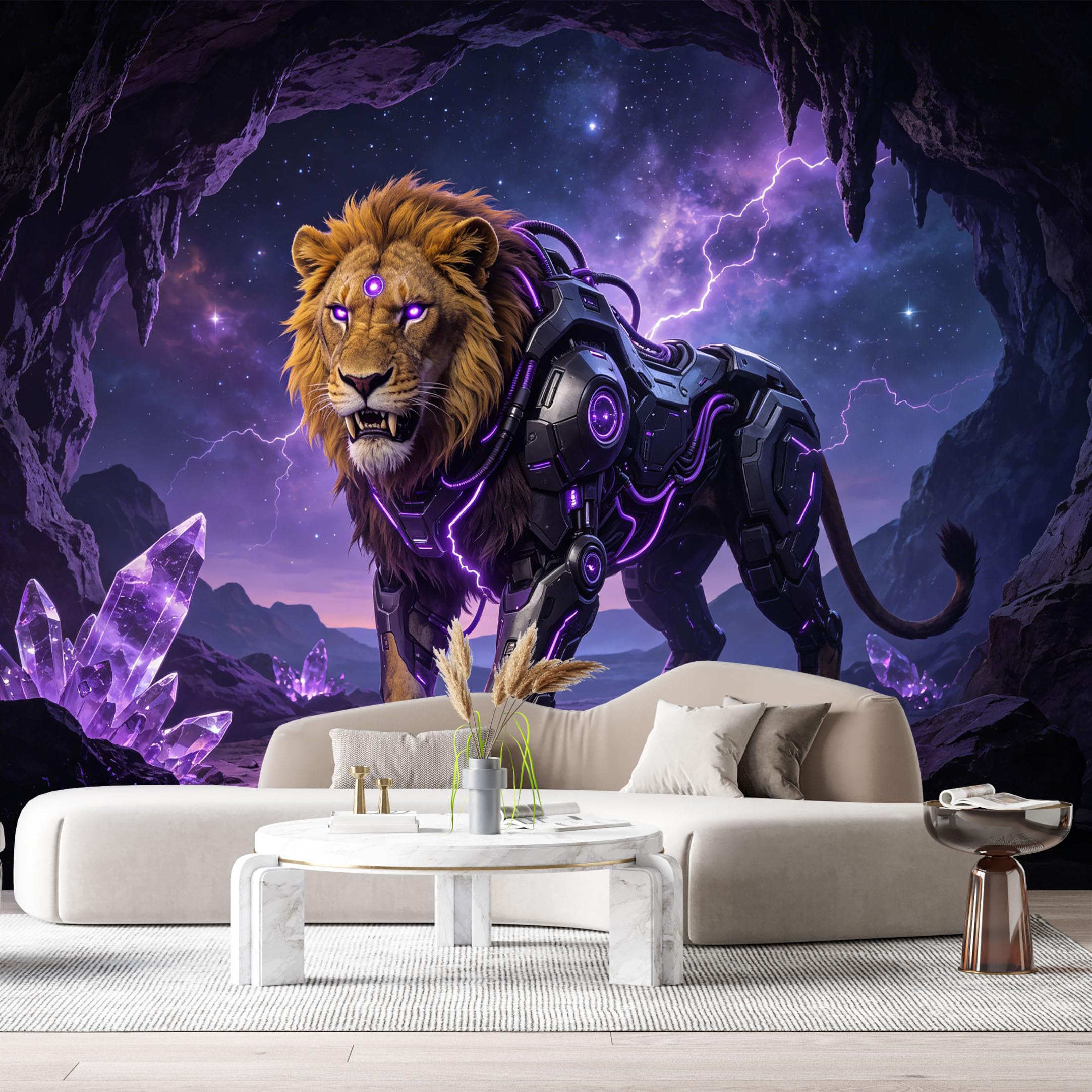 Custom Size Wall Mural Cyber Lion Mech Futuristic Armor Neon SciFi Animal Warrior Metallic Creature SelfAdhesive Art Prints Removable Large Wallpaper Esports Room Game Room Studio
