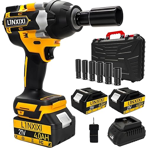 1/2 Cordless Impact Wrench, 1/2 Inch Impact Drive with Brushless Motor, 1000N.m(740Ft-Lbs), 3300PRM, Electric Impact Wrenches with Battery and Charger, 6 Sockets