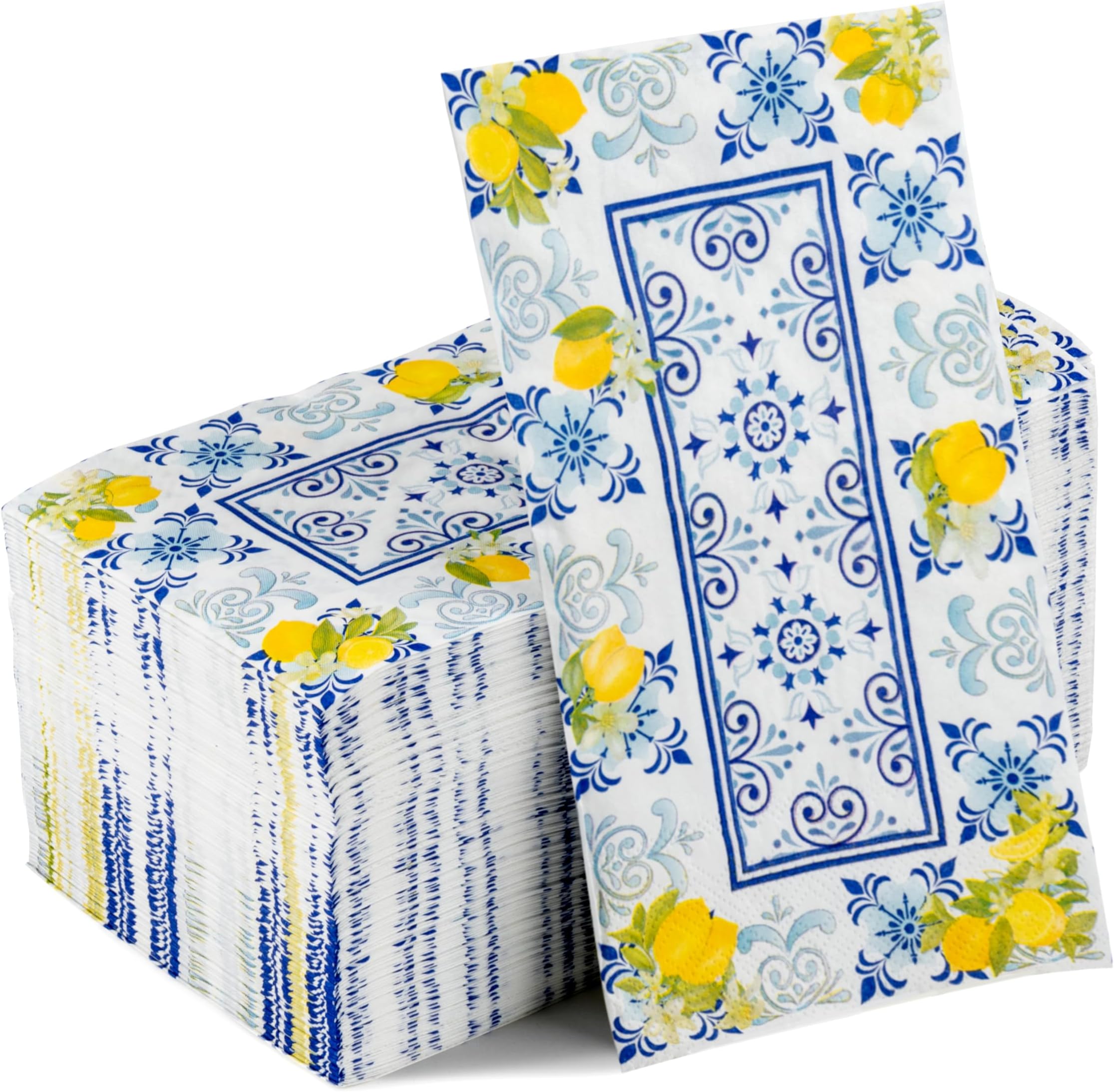 GROBRO7 100 Pcs Capri Lemons Napkins Cyan-Blue Tile Pattern Disposable Guest Towels 3 Ply Bathroom Restaurant Paper Hand Towels for Spring Summer Holiday Birthday Italian Theme Party Supplies