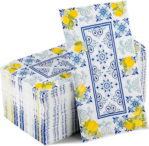 100 Pcs Capri Lemons Napkins Cyan-Blue Tile Pattern Disposable Guest Towels 3 Ply Bathroom Restaurant Paper Hand Towels for Spring Summer Holiday Birthday Italian Theme Party Supplies
