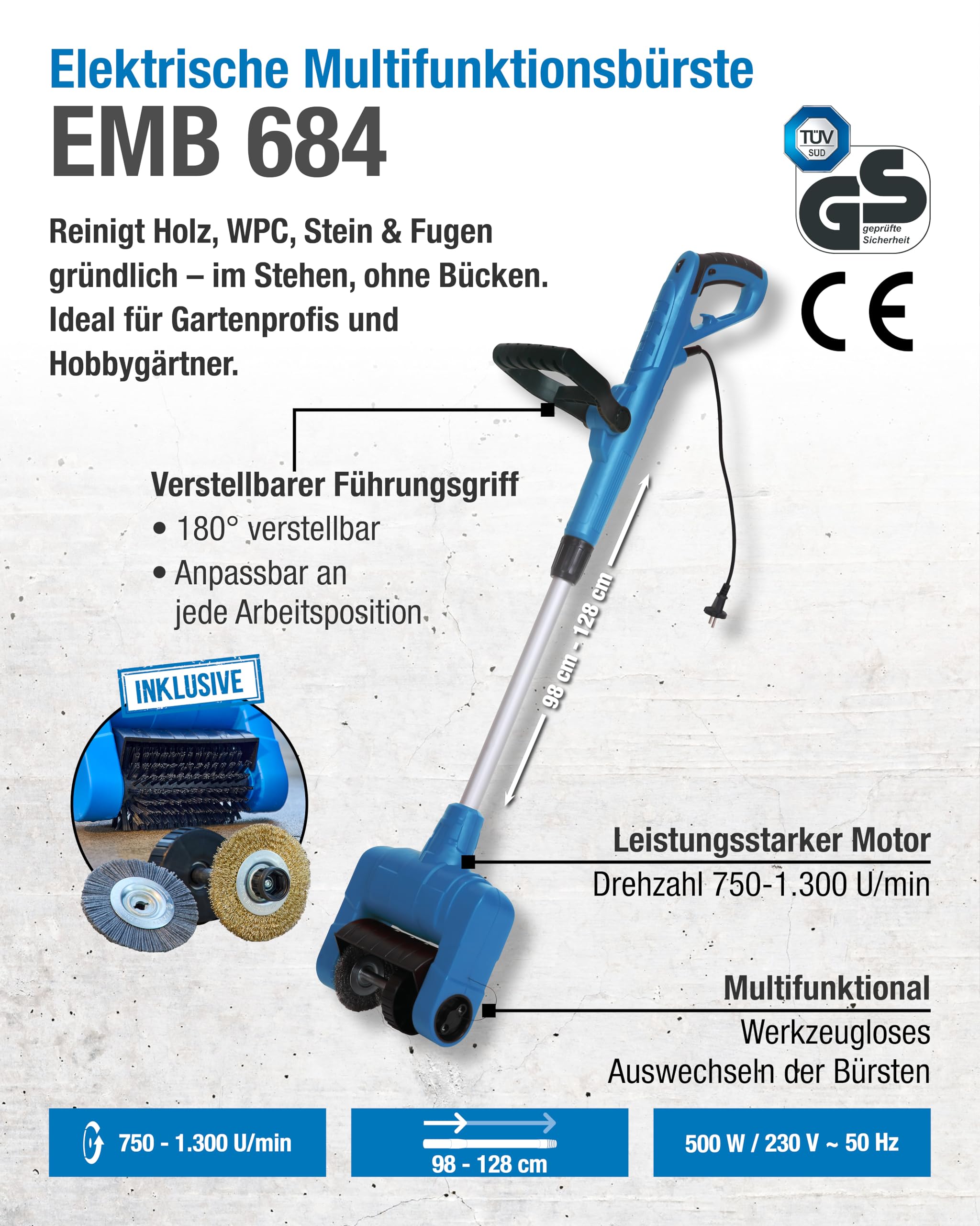 CFH E-Multifunktionsbürste EMB 684 - Fugenbürste elektrisch 230 V 500 W 750-1.300 U/min, Unkraut Entferner für Fugen & Flächen, Werkzeugloser Bürstenwechsel, Teleskopstiel, TÜV SÜD GS Zertifiziert