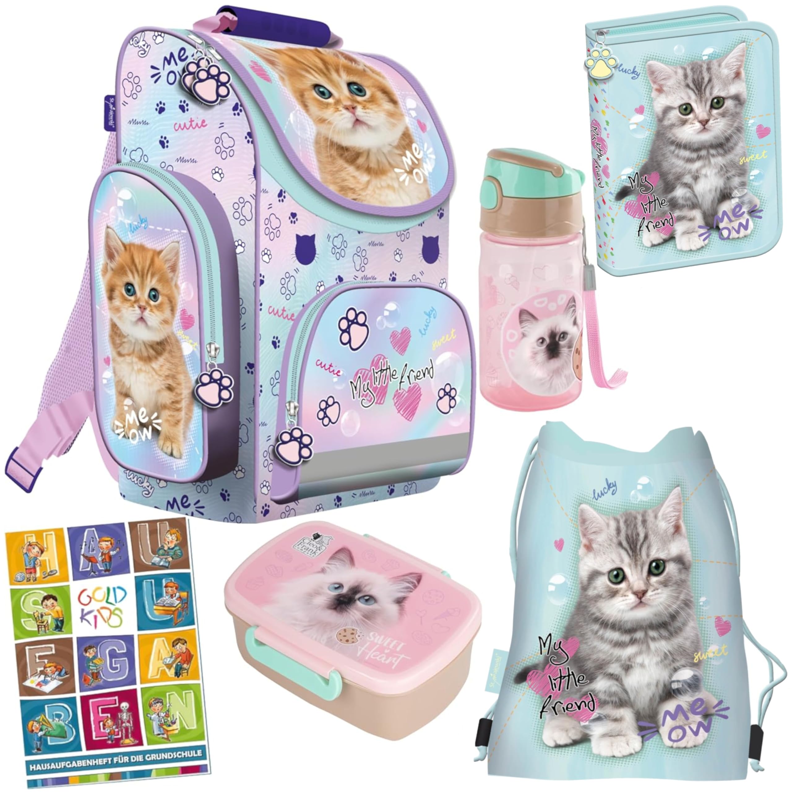 Goldkids - Schulranzen für Jungen und Mädchen, 6er-Set - Schul-Rucksack für Kinder mit Federmäppchen - Schuhbeutel und Hausaufgabenheft - Katze Motiv - 1-3 Klasse