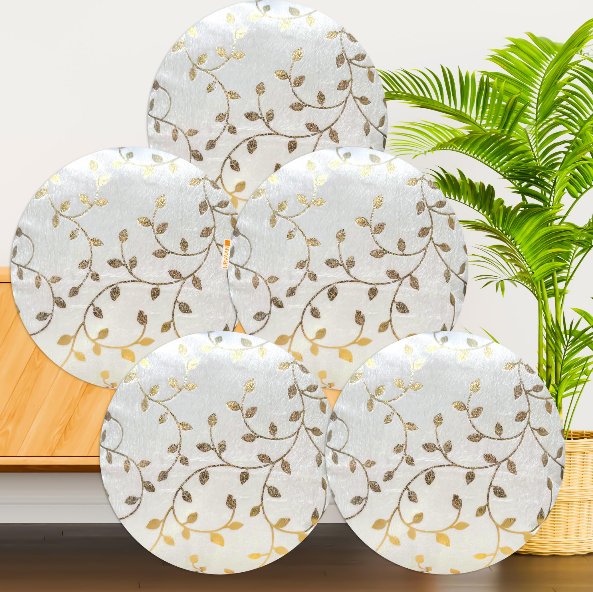 Urvaan Round White Golden Printed Velvet Cushion Covers 16X16 Inch - Set of 5-image-3