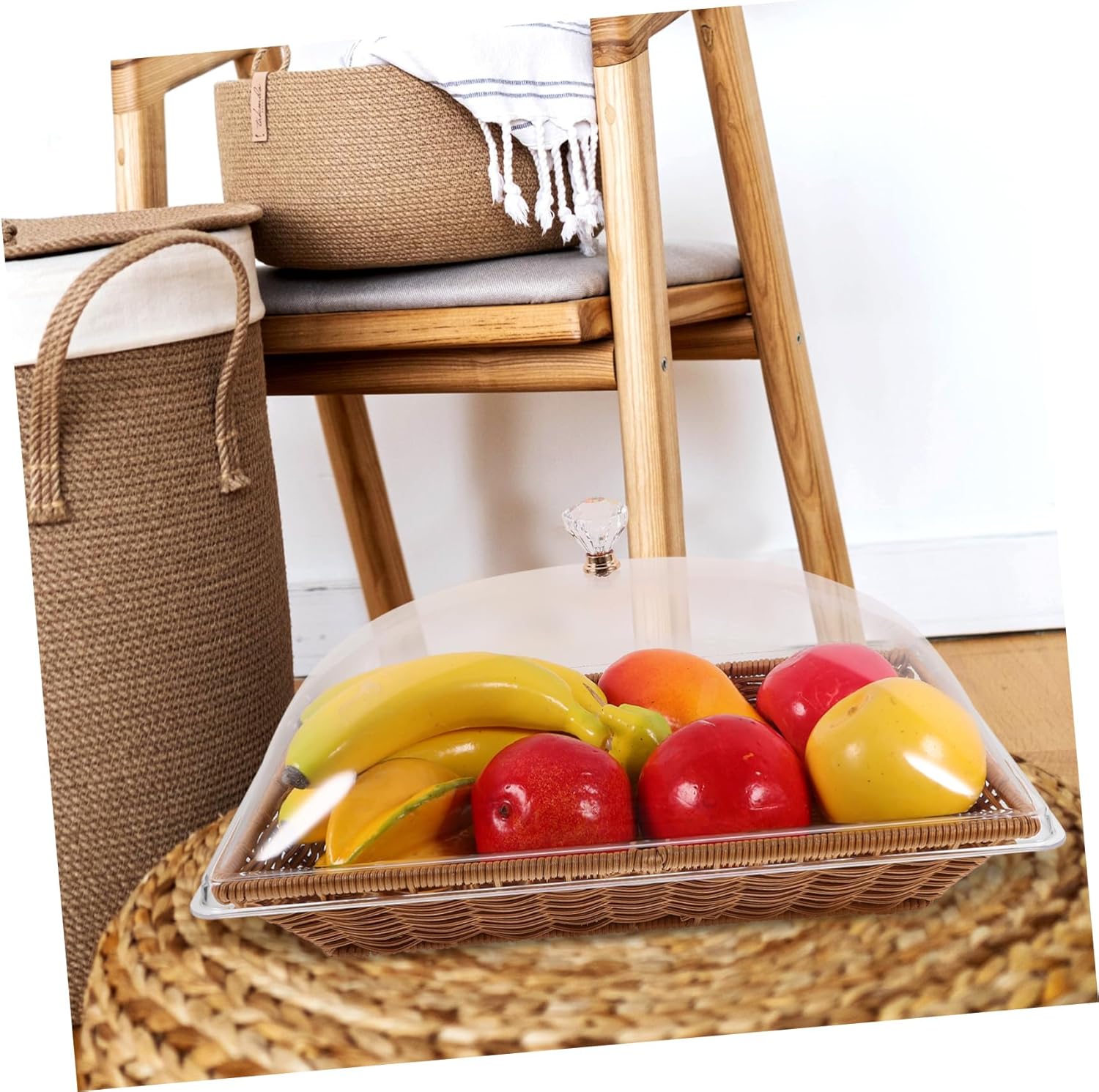 1 Set Woven Bread Basket with Clear Lid Versatile Tabletop Food Serving Basket for Snacks Fruits Vegetables and Desserts for Parties and Gatherings