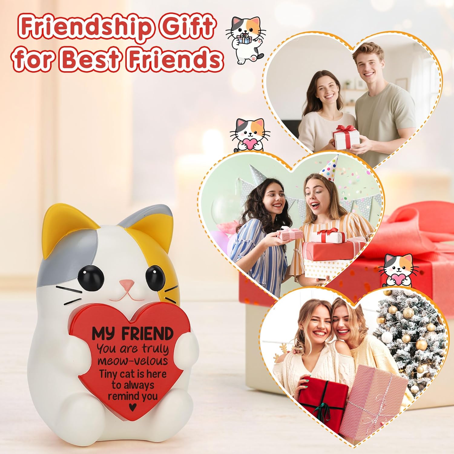Cat Lover Friend Gifts for Women Men, Cute Friendship Day Birthday Christmas Stocking Stuffers Valentines Day Gift for Best Friend Bestie BFF Coworker Her Him Present, Resin Cat Decor - Image 4