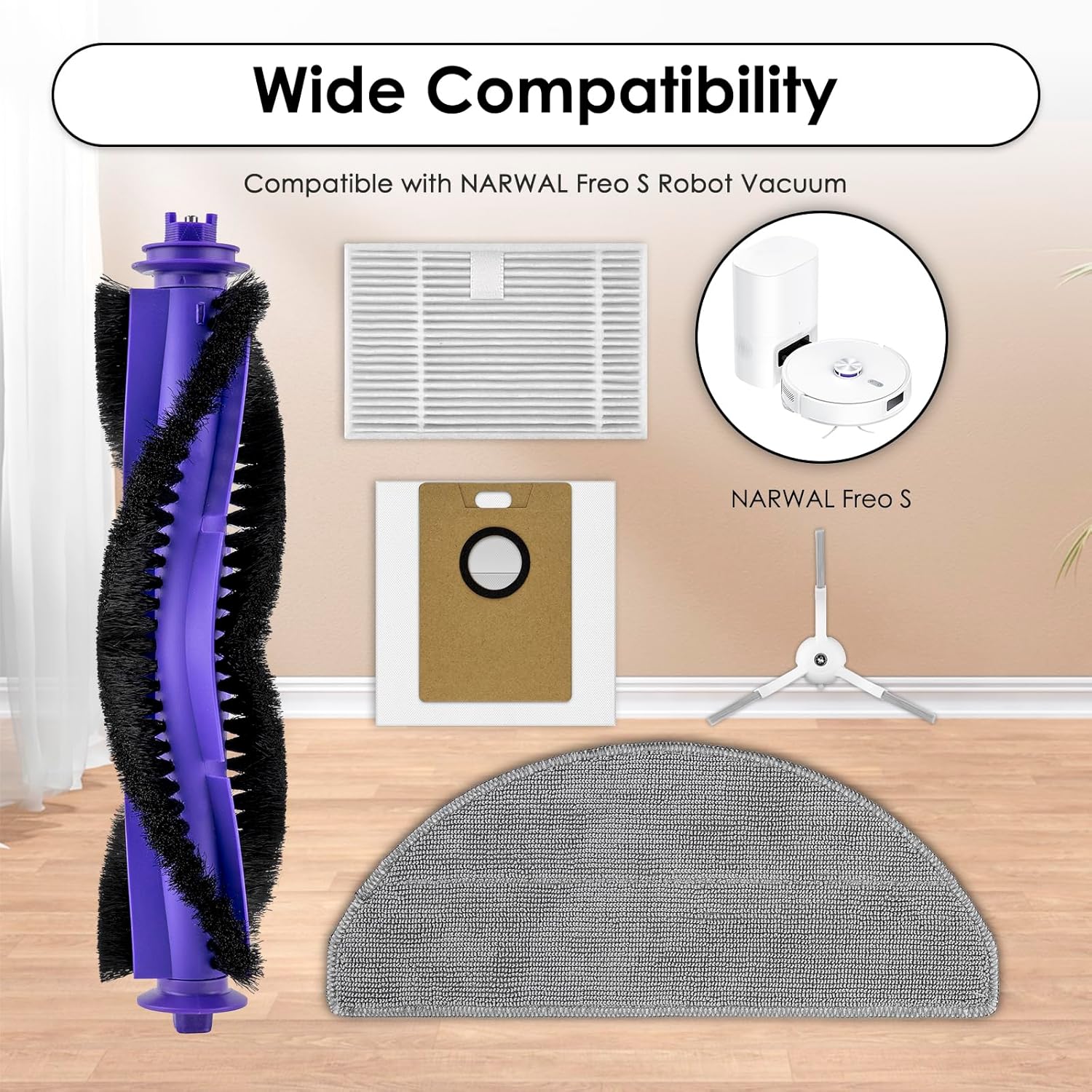 (15 Pack) Freo S Replacement Parts Compatible with Narwal Freo S Robot Vacuum Cleaner, 1 Roller Brush, 4 Side Brushes, 4 HEPA Filters, 4 Dust Bags, 2 Mop Pads, Accessories Kit